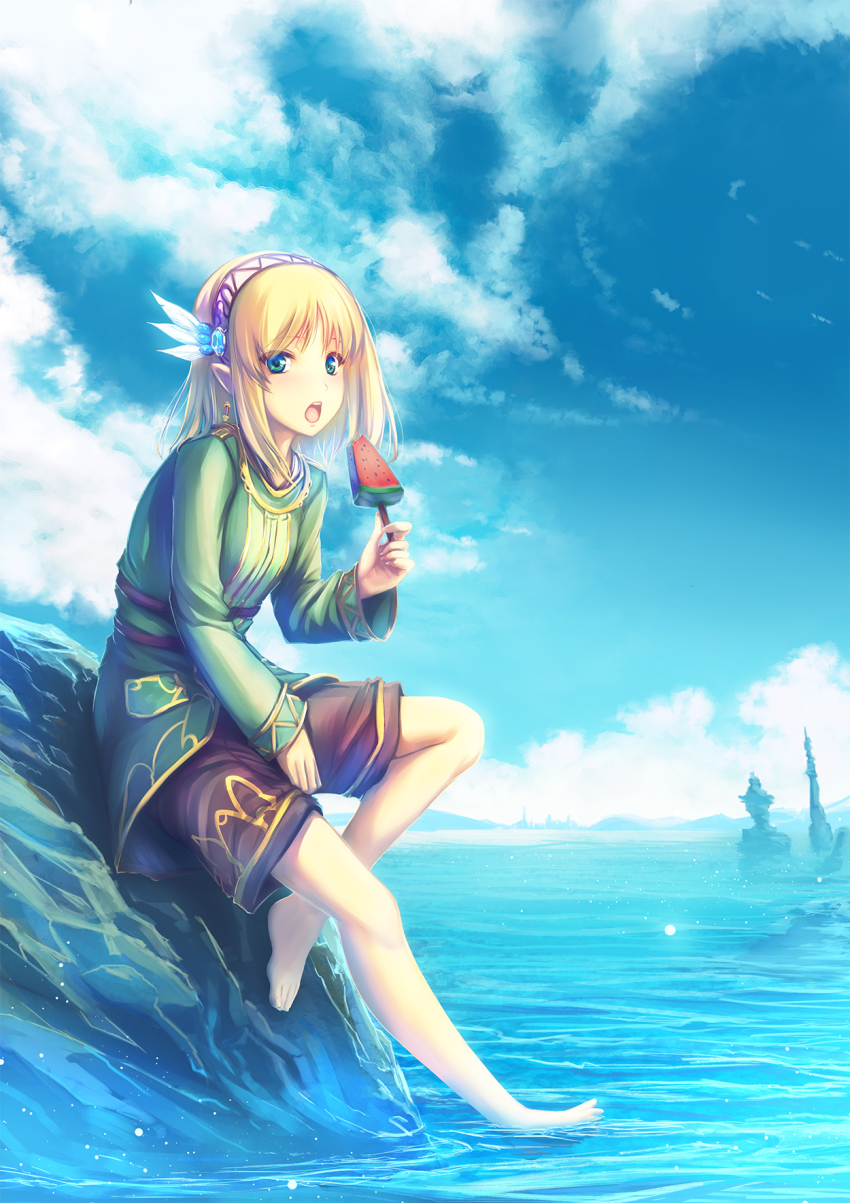 1girl :o aqua_eyes barefoot blonde_hair blue_sky blush breasts brown_shorts cayna cloud commentary_request earrings elf feather_hair_ornament feathers feet food green_jacket hair_ornament hairband highres holding holding_food jacket jewelry leadale_no_daichi_nite long_sleeves looking_at_viewer medium_hair nature ocean official_art open_mouth outdoors pointy_ears popsicle revision rock shorts sidelocks sitting sky small_breasts solo teeth tenmaso toes upper_teeth_only watermelon_bar