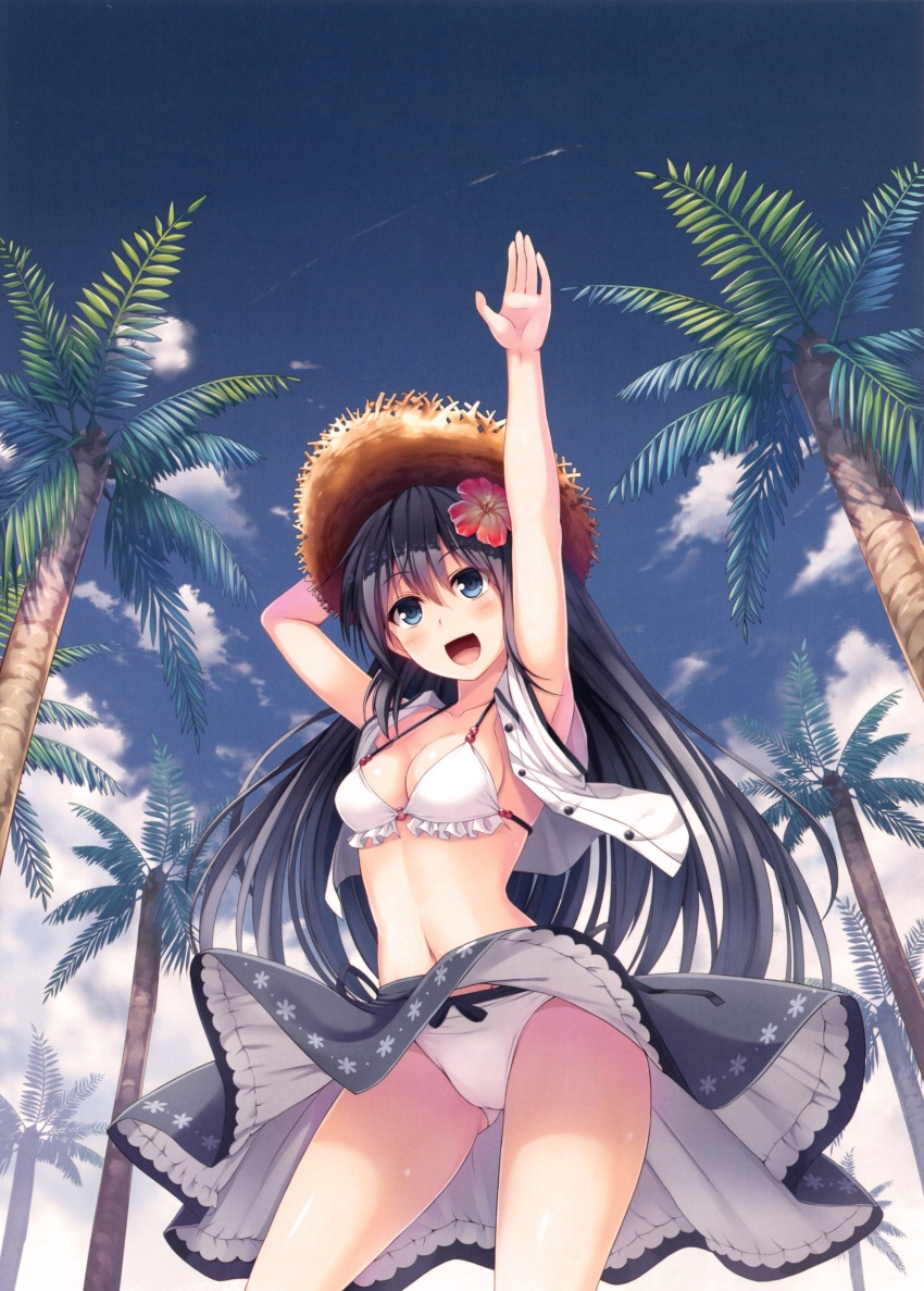 1girl :d absurdres arms_up bikini black_hair blue_eyes blush breasts cleavage cloud day eyebrows flower hair_flower hair_ornament hat highres long_hair medium_breasts navel noe_noel open_mouth outdoors palm_tree scan sky smile solo standing straw_hat swimsuit tree