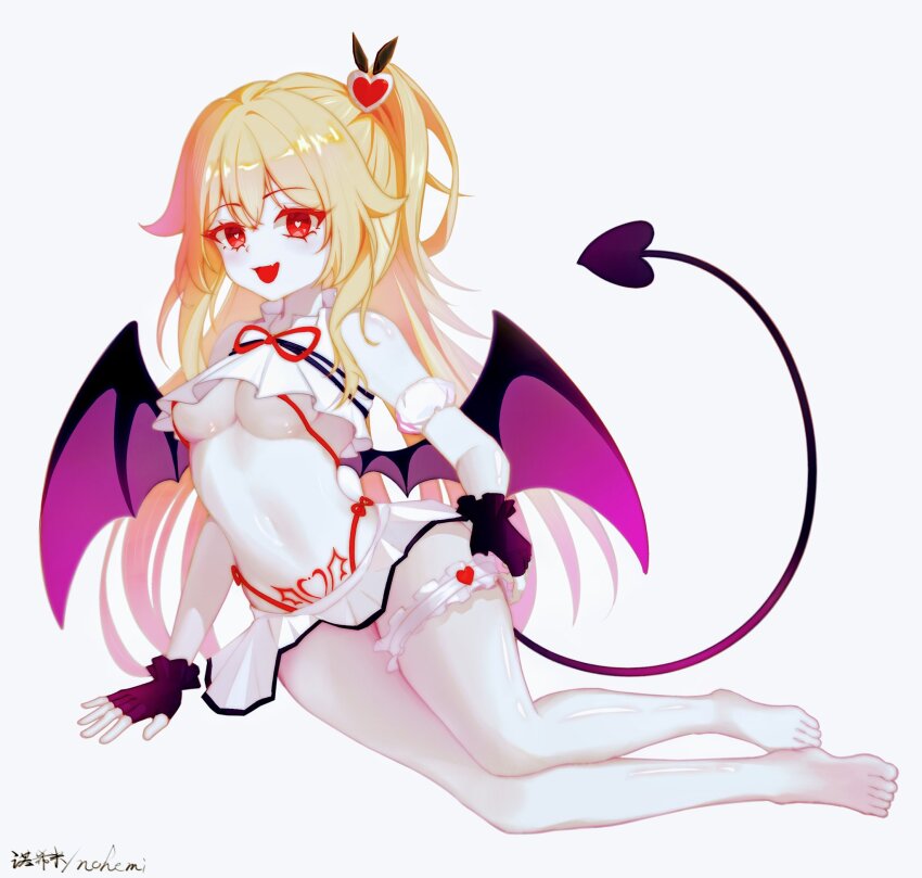 1girl arm_support artist_name bare_legs bare_shoulders barefoot bat_wings benghuai_xueyuan black_gloves black_wings blonde_hair bra breasts bright_pupils collarbone crop_top crop_top_overhang demon_tail detached_sleeves fang femirins_(benghuai_xueyuan) fingerless_gloves frilled_gloves frilled_thigh_strap frills full_body gloves hair_between_eyes heart heart-shaped_pupils highleg highleg_panties highres honkai_(series) long_hair looking_at_viewer medium_breasts miniskirt navel nohemi official_alternate_costume on_ground one_side_up open_mouth pale_skin panties panty_straps pleated_skirt pubic_tattoo puffy_short_sleeves puffy_sleeves red_bra red_eyes red_panties shiny_skin short_sleeves side-tie_panties simple_background sitting skin_fang skirt smile solo string_bra string_panties symbol-shaped_pupils tail tattoo thigh_strap underboob underwear very_long_hair white_background white_pupils white_skirt wings yokozuwari