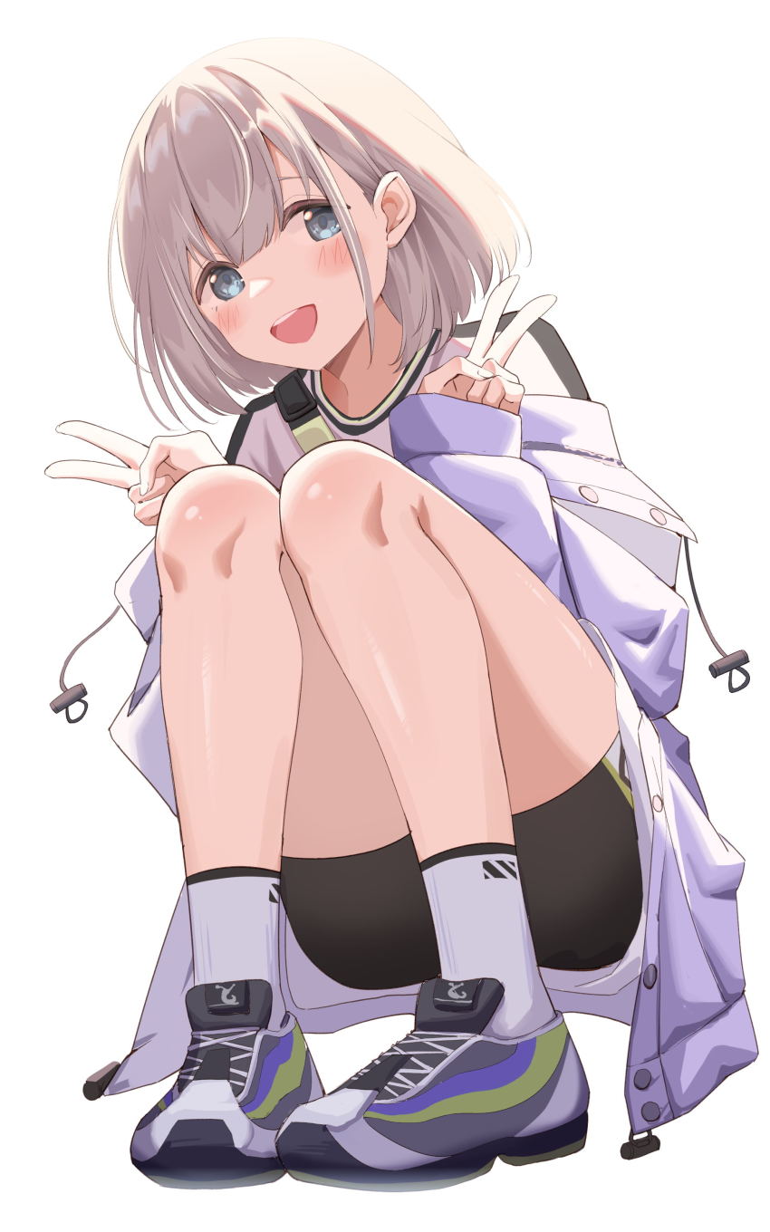 1girl :d absurdres bare_legs bike_shorts blue_eyes blush bob_cut double_v etoile fanny_pack full_body grey_hair highres idolmaster idolmaster_shiny_colors jacket jacket_partially_removed looking_at_viewer open_mouth purple_jacket round_teeth serizawa_asahi shoes short_hair simple_background smile sneakers solo squatting teeth v white_background