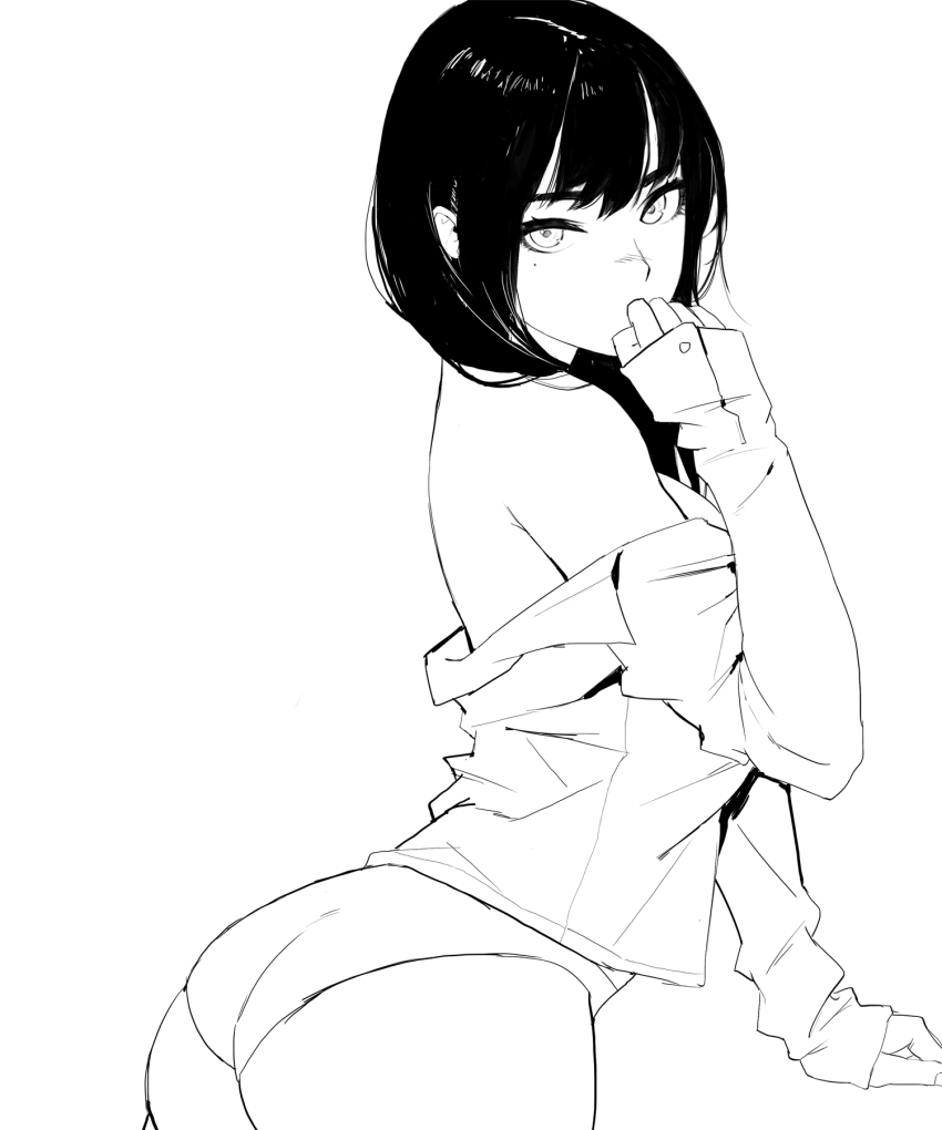 1girl ass bare_shoulders black_hair commentary dongho_kang from_side greyscale hair_between_eyes highres long_sleeves looking_at_viewer looking_to_the_side mole mole_under_eye monochrome off_shoulder original panties shirt simple_background solo underwear upper_body white_background white_shirt