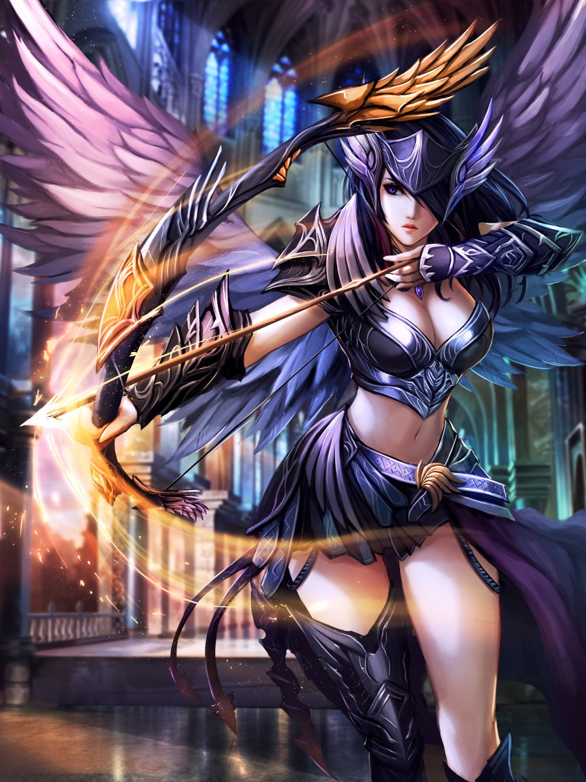 1girl absurdres armor arrow_(projectile) black_eyes black_hair bow_(weapon) breasts chaosringen cleavage female_focus gauntlets hair_over_one_eye highres large_breasts long_hair original solo valkyrie weapon wings