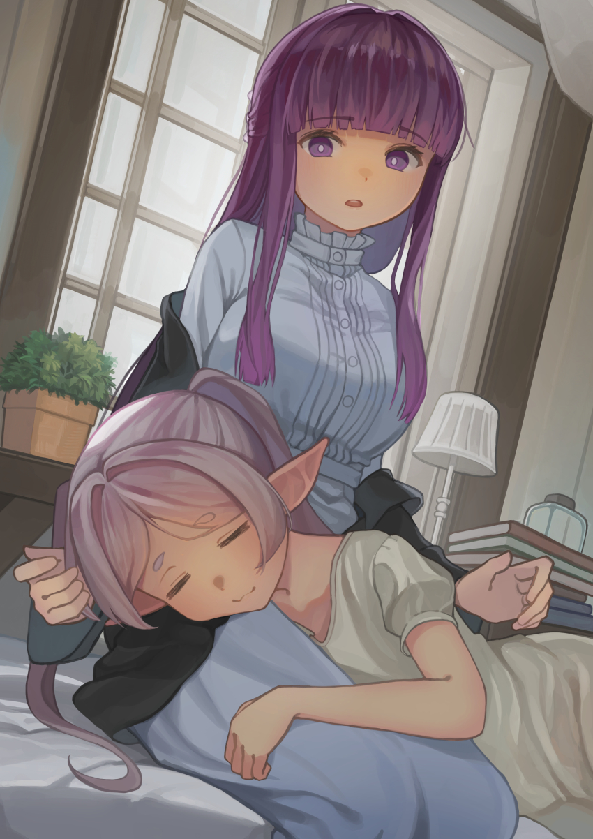 2girls :3 absurdres arogonko black_cloak blunt_bangs book book_stack cloak collar commentary_request dress dutch_angle elf fern_(sousou_no_frieren) frieren frilled_collar frills grey_hair half_updo highres indoors lamp lap_pillow long_hair long_sleeves looking_at_another multiple_girls pointy_ears puffy_short_sleeves puffy_sleeves purple_eyes purple_hair short_sleeves sidelocks sleeping smile sousou_no_frieren twintails white_dress window