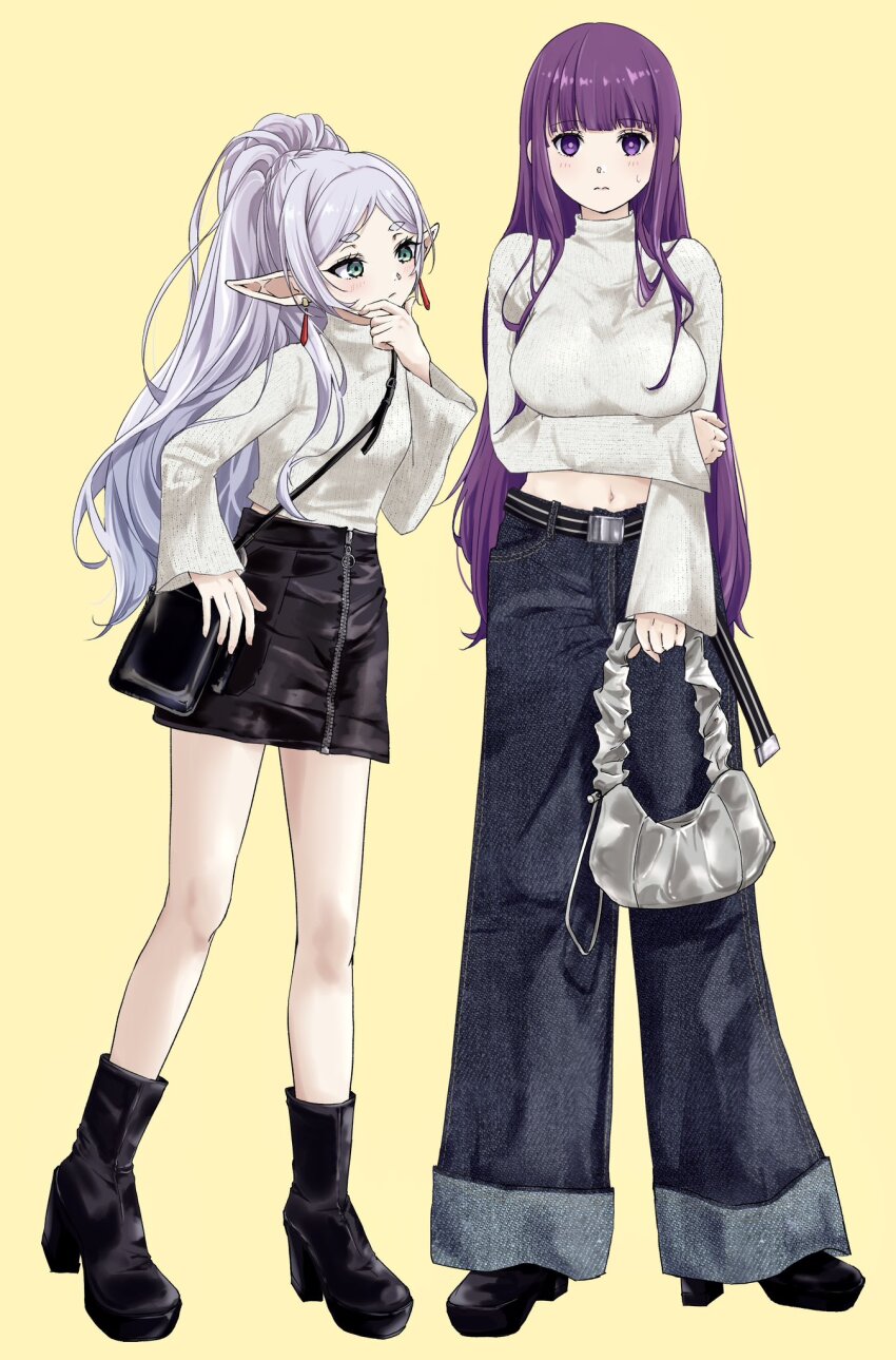 2girls arm_under_breasts bag bell-bottoms belt black_bag black_belt black_footwear black_skirt blunt_bangs boots breasts commentary_request denim elf fern_(sousou_no_frieren) frieren full_body green_eyes grey_bag hand_on_own_chin handbag high_ponytail highres holding holding_bag holding_own_arm jeans large_breasts leather_skirt long_hair long_sleeves looking_at_another looking_at_viewer midriff midriff_peek miniskirt multiple_girls navel omichi_1219 pants platform_boots platform_footwear pointy_ears purple_eyes purple_hair shoulder_bag simple_background skirt small_breasts sousou_no_frieren standing straight_hair sweat sweater white_hair white_sweater wide_sleeves yellow_background zipper zipper_skirt