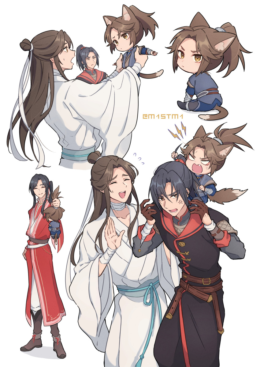 4boys anger_vein animal_ears bandaged_neck bandaged_wrist bandages belt black_hair black_hanfu blank_eyes blue_hanfu boots brown_eyes brown_footwear brown_gloves brown_hair cat_ears cat_tail chibi chinese_clothes closed_eyes closed_mouth fang flying_sweatdrops fu_yao full_body furrowed_brow gloves grabbing_another&#039;s_hair hair_bun hair_ribbon hanfu high_ponytail highres holding_another&#039;s_hair holding_chibi hua_cheng kemonomimi_mode long_sleeves looking_at_another looking_at_viewer m1stm1 multiple_boys multiple_views nan_feng open_mouth pants red_hanfu red_ribbon ribbon sash scratches shout_lines side_ponytail sitting smile standing sweatdrop tail teeth tianguan_cifu twitter_username upper_body upper_teeth_only white_background white_hanfu white_pants white_ribbon wide_sleeves xie_lian yellow_eyes