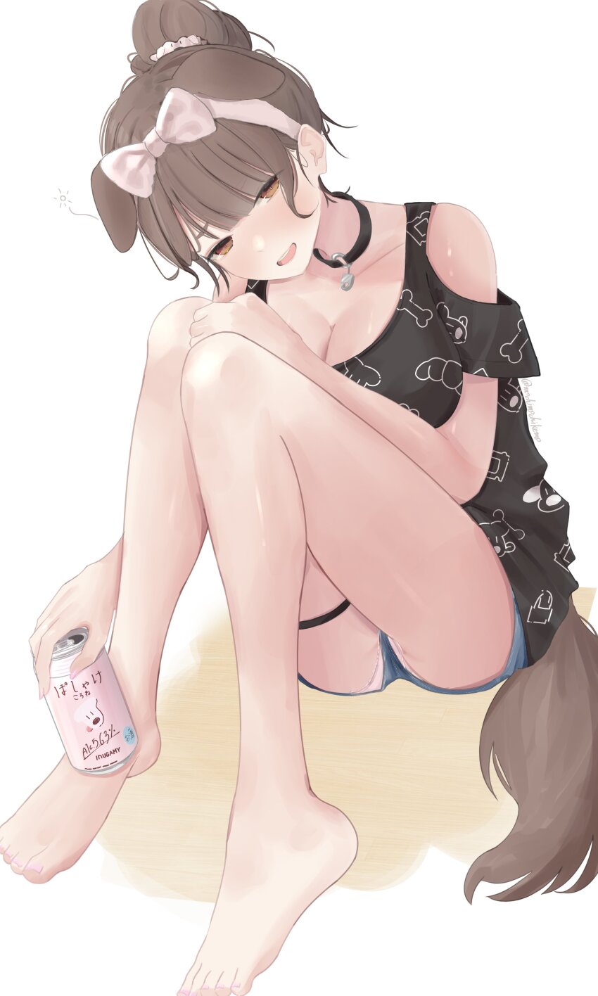 1girl absurdres animal_collar animal_ears bare_legs barefoot black_shirt blue_shorts blush bow breasts brown_eyes brown_tail can cleavage clothing_cutout collar collarbone dog_girl dog_tail eyelashes feet frilled_panties frills full_body hair_bow hair_ornament hair_scrunchie hairband hand_on_own_knee highres holding hololive inugami_korone inugami_korone_(loungewear) knees_together_feet_apart knees_up large_breasts legs looking_at_viewer mochimochi_kemo nail_polish on_ground open_mouth panties pink_bow pink_hairband pink_nails pink_panties ponytail print_shirt scrunchie shirt short_shorts shorts shoulder_cutout sitting solo tail thigh_strap toenail_polish toenails toes underwear virtual_youtuber