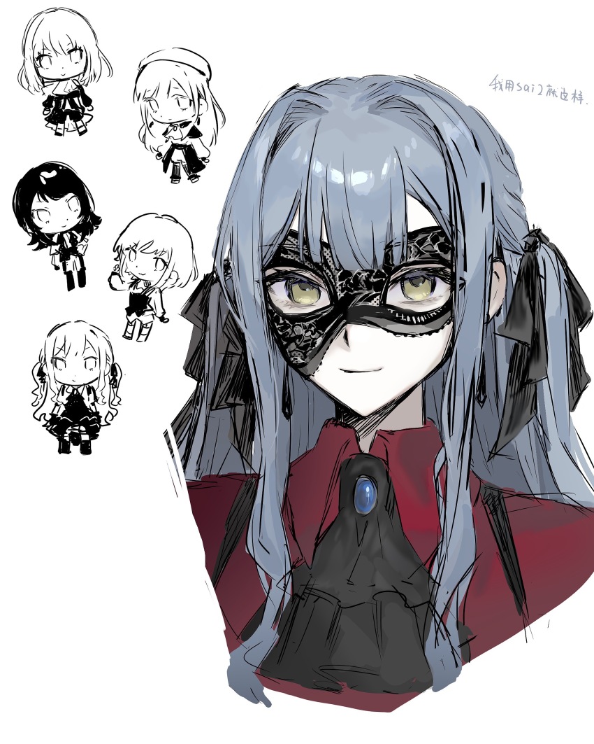 5girls :3 absurdres amoris_(bang_dream!) ascot ave_mujica_(bang_dream!) bang_dream! bang_dream!_it&#039;s_mygo!!!!! beret black_ascot black_mask black_ribbon blue_hair capelet chibi chinese_commentary chinese_text closed_mouth commentary_request doloris_(bang_dream!) dress hair_ribbon hand_on_own_hip hat highres kuukip long_hair mask masquerade_mask medium_hair misumi_uika mortis_(bang_dream!) multiple_girls oblivionis_(bang_dream!) partially_colored ribbon short_hair sidelocks skirt timoris_(bang_dream!) togawa_sakiko translation_request two_side_up upper_body wakaba_mutsumi white_background yahata_umiri yellow_eyes yuutenji_nyamu