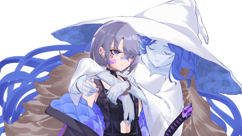 2girls absurdres bandaid bandaid_on_face bandaid_on_nose black_jacket blue_hair blue_skin cape colored_skin cracked_skin doll_joints elden_ring extra_arms fur_cape grey_hair hat highres hololive hololive_english jacket jewel_under_eye joints katana koizumi_arata koseki_bijou koseki_bijou_(casual) large_hat long_hair material_growth multiple_girls official_alternate_costume purple_eyes ranni_the_witch robe serious simple_background sleeveless sword two-sided_fabric two-sided_jacket virtual_youtuber weapon white_background white_hat white_robe witch_hat