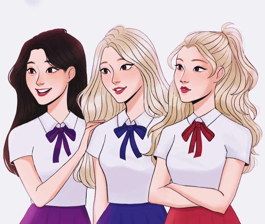 3girls blonde_hair blue_ribbon blue_skirt brown_hair choerry commentary crossed_arms gittanart half_updo highres jinsoul k-pop kim_lip long_hair looking_ahead loona_(group) multiple_girls purple_ribbon purple_skirt real_life red_lips red_ribbon red_skirt ribbon shirt short_sleeves simple_background skirt smile upper_body white_background white_shirt