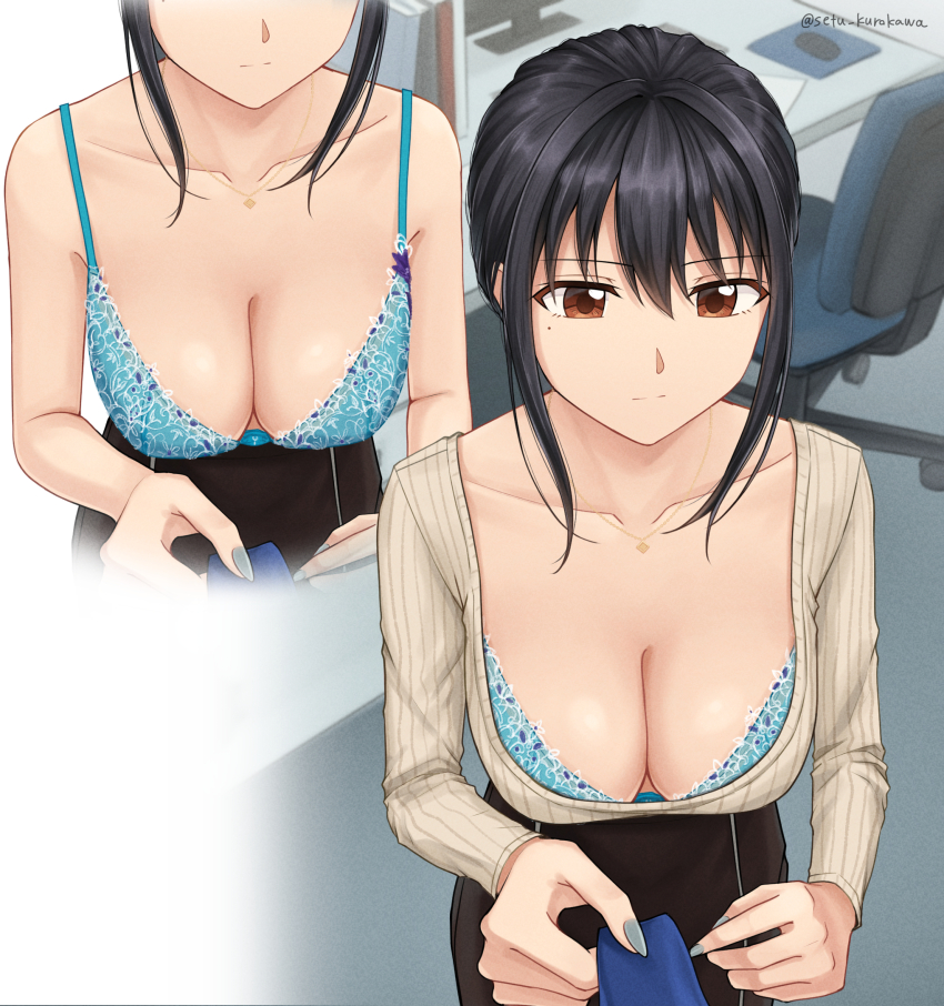 1girl black_hair black_skirt blue_bra bra bra_peek breasts brown_eyes chair cleavage closed_mouth collarbone commentary_request commission computer_mouse desk hair_between_eyes highres large_breasts monitor office_chair office_lady original pixiv_commission ribbed_shirt setu_kurokawa shirt skirt swivel_chair underwear