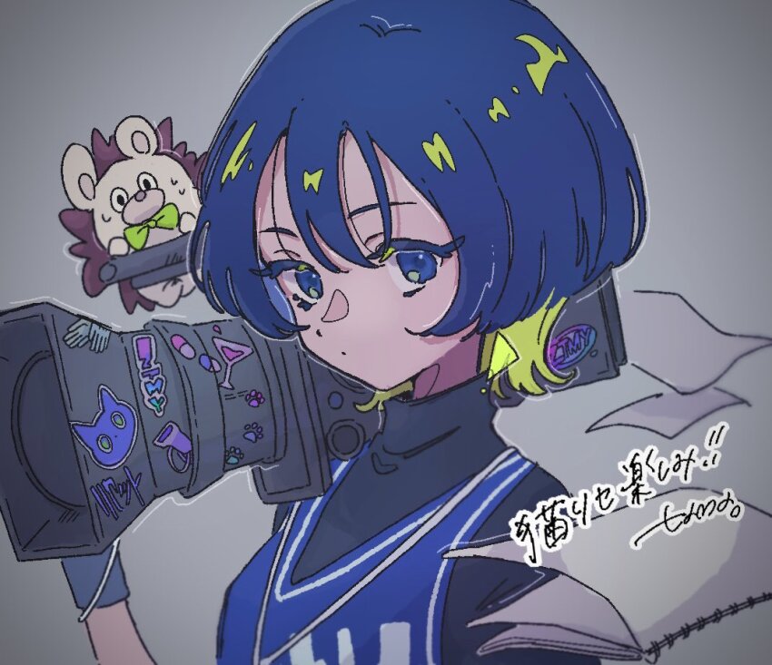 1girl blue_eyes blue_hair blue_wristband camera colored_inner_hair hedgehog holding holding_camera looking_at_viewer multicolored_hair nira-chan paper shirt signature sleeveless sleeveless_shirt tama_(odi_san_fairy) turtleneck two-tone_hair uniguri_(zutomayo) upper_body wristband zutto_mayonaka_de_ii_no_ni