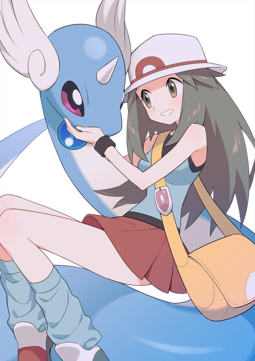 1girl agata_(agatha) creatures_(company) dragonair game_freak gen_1_pokemon highres leaf_(pokemon) miniskirt nintendo pokemon pokemon_(creature) pokemon_frlg skirt