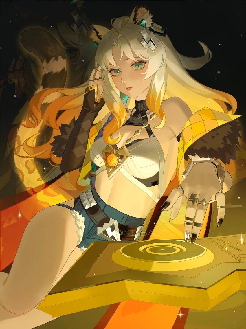 1girl animal_ears artist_name bare_shoulders belt blonde_hair blue_shorts bracelet breasts cowboy_shot cutoffs dark-skinned_female dark_skin denim denim_shorts earrings fingernails fur-trimmed_jacket fur_trim genshin_impact gradient_hair green_eyes hair_ornament hand_in_own_hair high-waist_shorts highres jacket jaguar_ears jaguar_girl jaguar_tail jewelry long_hair looking_at_viewer medallion midriff multicolored_hair multiple_rings phonograph projected_inset ring short_shorts shorts slit_pupils tail turntable twitter_username vision_(genshin_impact) xiisalt xilonen_(genshin_impact) yellow_jacket