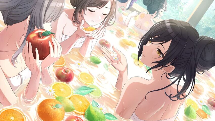 5girls apple bare_shoulders bath blush collarbone food fruit fruit_on_liquid game_cg hair_bun holding holding_food holding_fruit idolmaster idolmaster_shiny_colors l&#039;antica_(idolmaster) light_smile median_furrow mitsumine_yuika multiple_girls naked_towel official_art ofuro orange_(fruit) partially_submerged shirase_sakuya shoulder_blades single_hair_bun tanaka_mamimi towel tsukioka_kogane water_drop yukoku_kiriko