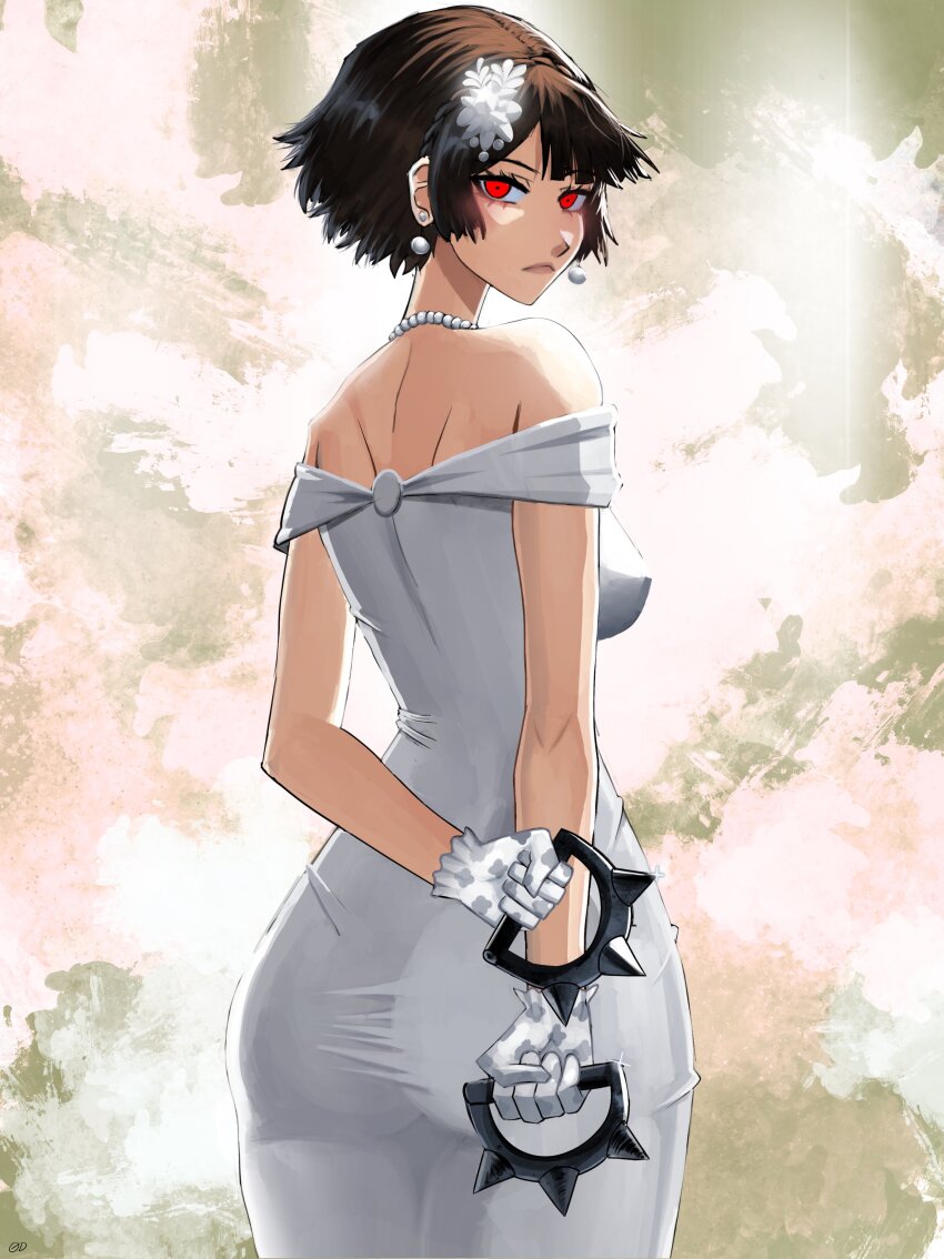 absurdres brown_hair chaosoded dress earrings gloves highres jewelry knuckle_duster looking_at_viewer looking_back megami_tensei necklace niijima_makoto pearl_necklace persona persona_5 persona_5_tactica red_eyes weapon wedding_dress