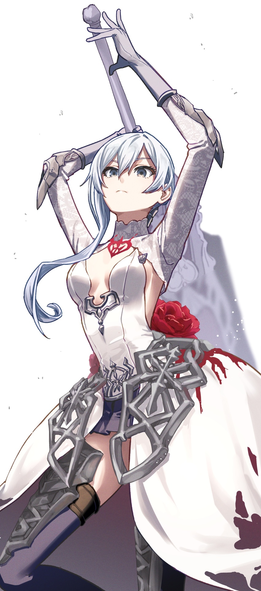 1girl :o absurdres arm_up armor black_gloves boots breasts cleavage covered_navel dress elbow_pads feet_out_of_frame flower gloves grey_eyes grey_hair hand_up highres holding holding_sword holding_weapon huge_weapon light_particles long_sleeves looking_at_viewer medium_breasts nigatsumikka open_mouth petals picture_frame red_flower red_rose rose sidelocks simple_background single_sidelock sinoalice snow_white_(sinoalice) solo standing sword sword_behind_back thigh_armor thigh_boots thighhighs turtleneck weapon weapon_behind_back white_background white_dress zettai_ryouiki