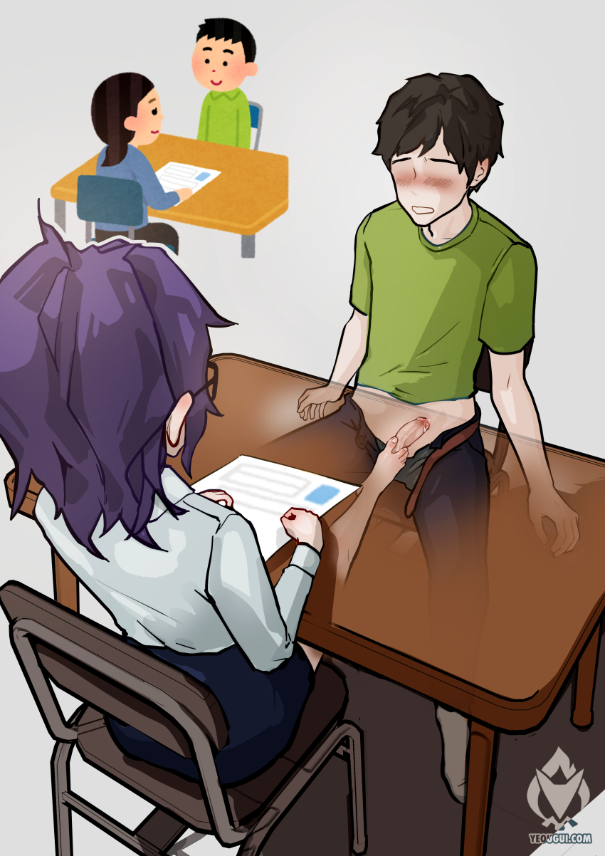 1boy 1girl absurdres barefoot feet footjob glasses highres medium_hair miniskirt office_lady purple_hair skirt toes under_table yeougui