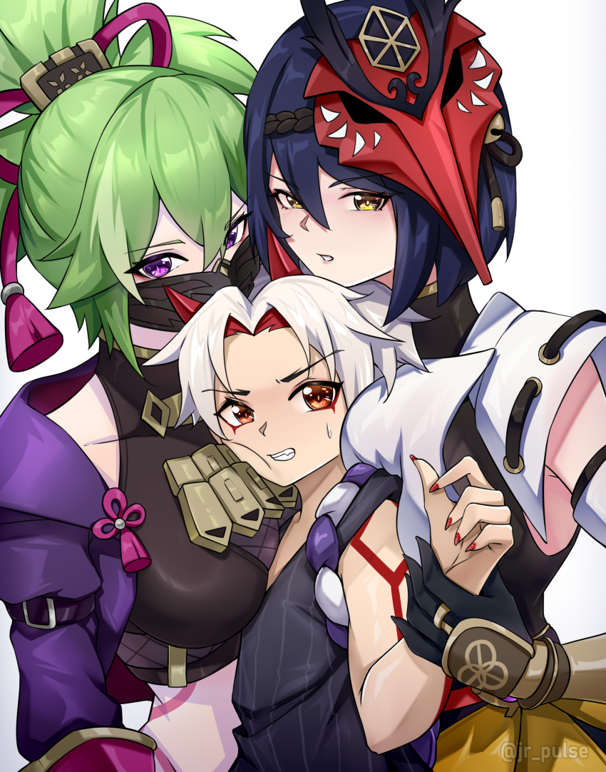 1boy 2girls absurdres aged_down arataki_itto black_gloves black_shirt blue_hair commentary_request crop_top genshin_impact gloves green_hair grey_background highres horns jacket jrpulse kujou_sara kuki_shinobu looking_at_viewer mask mask_on_head midriff mouth_mask multiple_girls open_clothes open_jacket purple_eyes purple_jacket shirt short_hair upper_body white_hair yellow_eyes