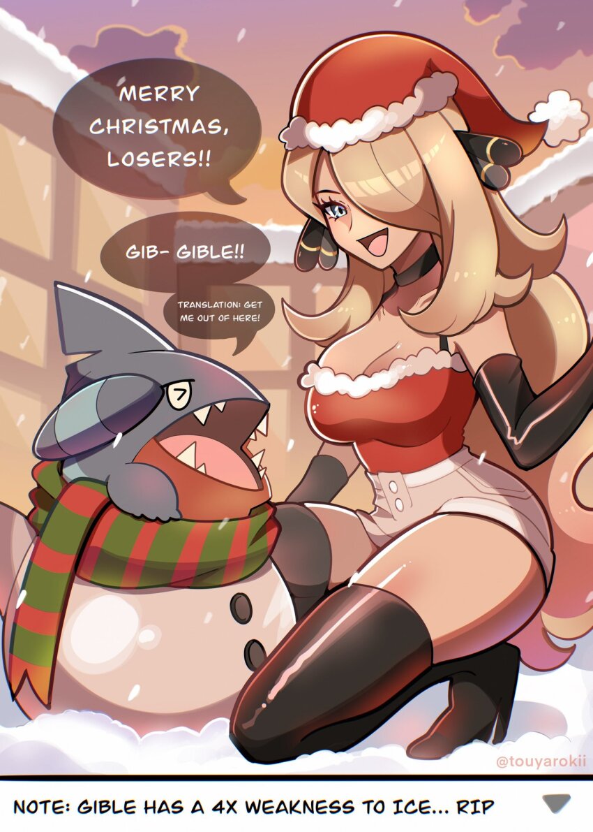 1girl bare_shoulders black_footwear black_gloves blue_eyes boots breasts christmas cleavage creatures_(company) cynthia_(pokemon) elbow_gloves english_text full_body game_freak gameplay_mechanics gen_4_pokemon gible gloves hair_over_one_eye hat highres large_breasts long_hair nintendo pokemon pokemon_(creature) pokemon_dppt red_shirt santa_costume santa_hat shirt shorts speech_bubble strapless strapless_shirt thigh_boots touyarokii white_shorts