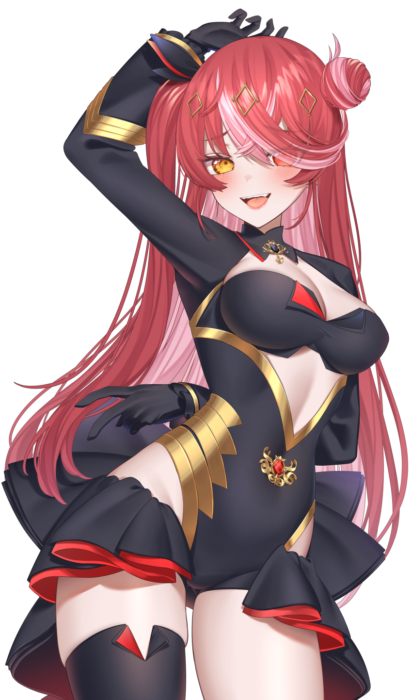 1girl absurdres black_gloves black_leotard black_skirt black_thighhighs breasts cleavage colored_inner_hair gloves hair_bun hair_over_one_eye heterochromia highres hololive houshou_marine large_breasts leotard long_hair looking_at_viewer mahou_shoujo_holowitch! mui_maru multicolored_hair official_alternate_costume open_mouth pink_hair red_eyes red_hair skirt smile thighhighs virtual_youtuber yellow_eyes