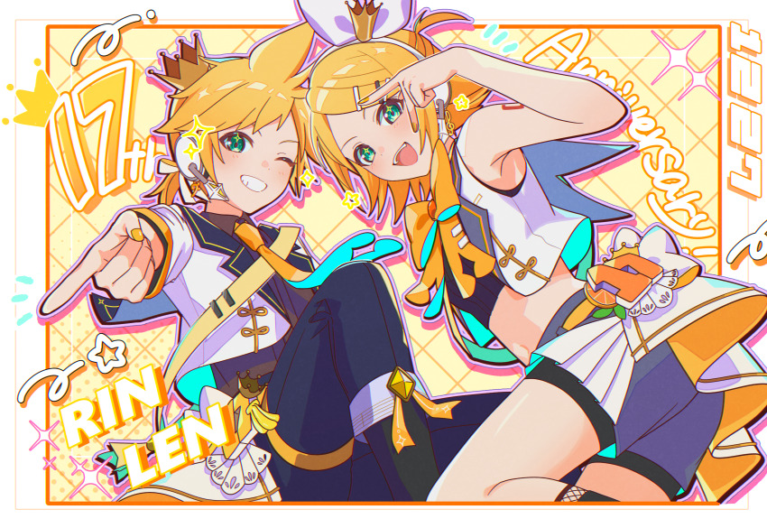 1boy 1girl absurdres alternate_costume anniversary argyle_background black_pants black_sailor_collar black_shirt blonde_hair border bow bowtie character_name closed_mouth commentary_request cowboy_shot crop_top cropped_jacket crown green_eyes grey_shorts grin hair_bow highres jacket kagamine_len kagamine_rin looking_at_viewer mini_crown nail_polish one_eye_closed open_mouth pants pointing pointing_at_viewer sailor_collar salute shirt shorts shorts_under_skirt showgirl_skirt simple_background sleeveless sleeveless_jacket smile sparkle stomach taro14_tea thighs two-finger_salute vocaloid white_background white_bow white_jacket yellow_background yellow_bow yellow_bowtie yellow_nails