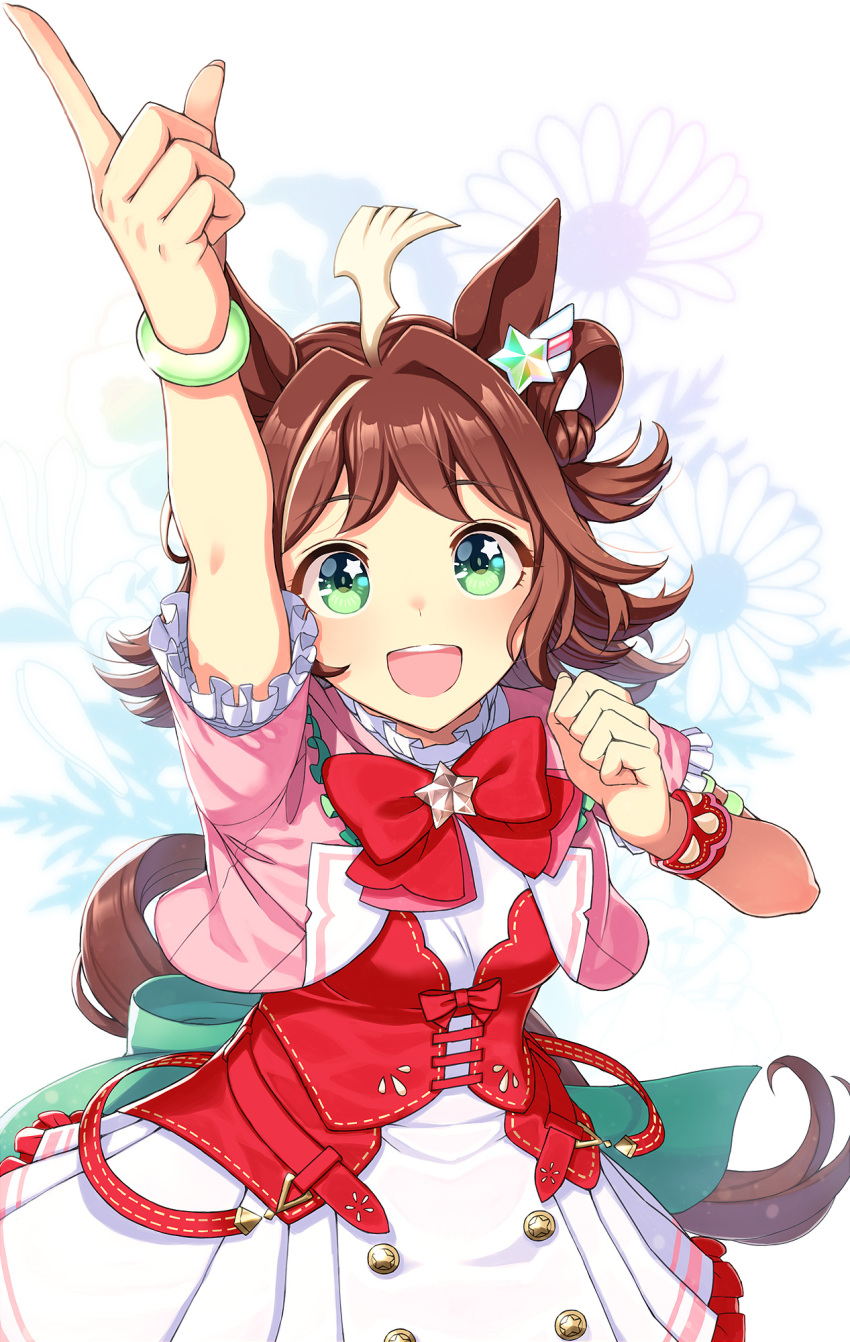 1girl :d ahoge animal_ears bow bowtie brown_hair buttons commentary_request double-breasted ear_ornament green_eyes hair_between_eyes hair_ornament highres horse_ears horse_girl index_finger_raised itou_(onsoku_tassha) looking_at_viewer multicolored_hair open_mouth red_bow red_bowtie rhein_kraft_(umamusume) short_hair short_sleeves simple_background smile solo star_(symbol) star_hair_ornament star_in_eye streaked_hair symbol_in_eye teeth umamusume upper_teeth_only white_background white_hair