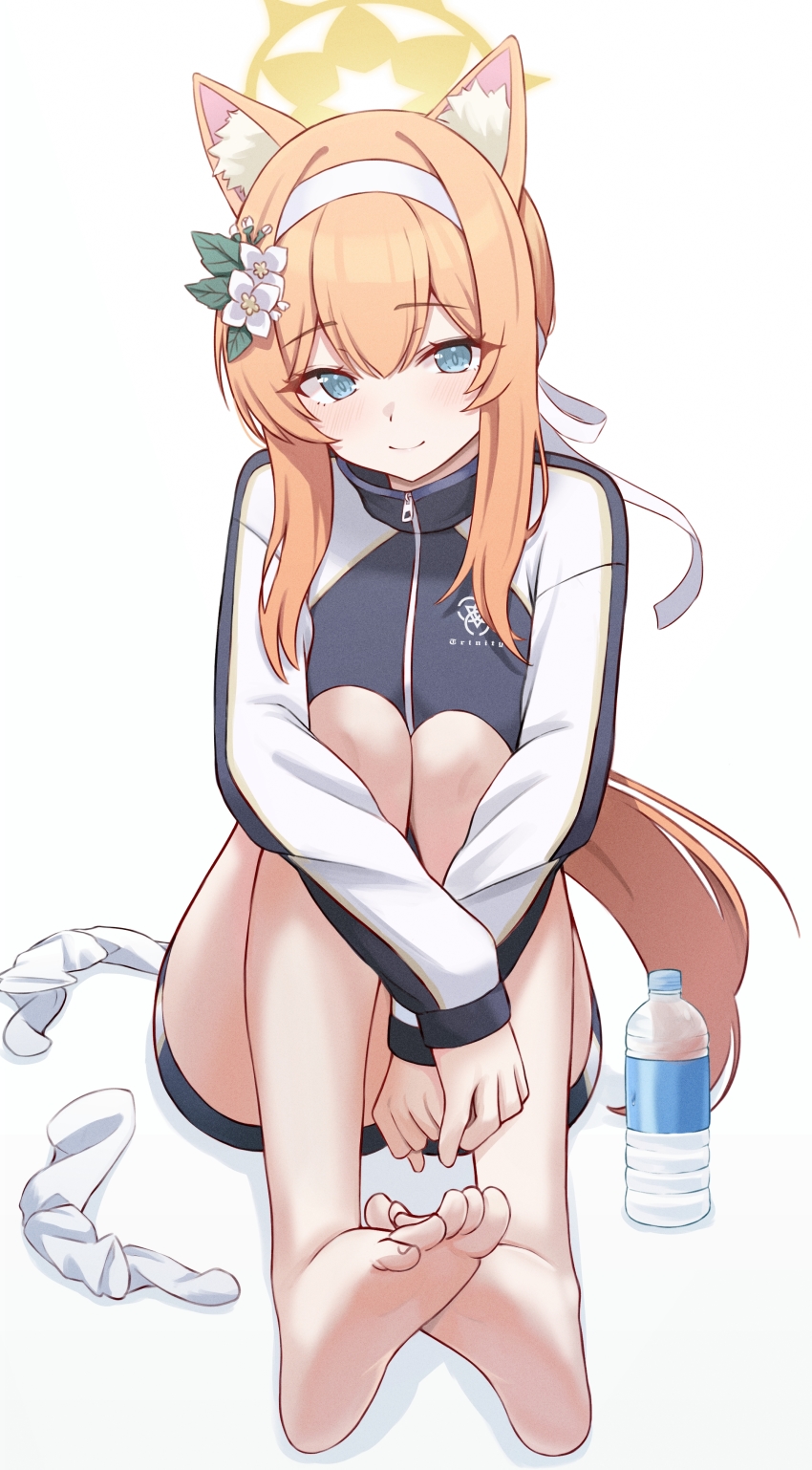 1girl absurdres animal_ear_fluff animal_ears barefoot blue_archive blue_eyes blue_jacket bottle closed_mouth feet flower foreshortening gradient_background grey_background gym_uniform hair_flower hair_ornament hairband halo highres jacket kano_(wi3028) legs looking_at_viewer mari_(blue_archive) mari_(track)_(blue_archive) multicolored_clothes multicolored_jacket orange_hair plastic_bottle sitting smile unworn_socks soles solo toes track_jacket two-tone_jacket water_bottle white_background white_hairband white_jacket zipper