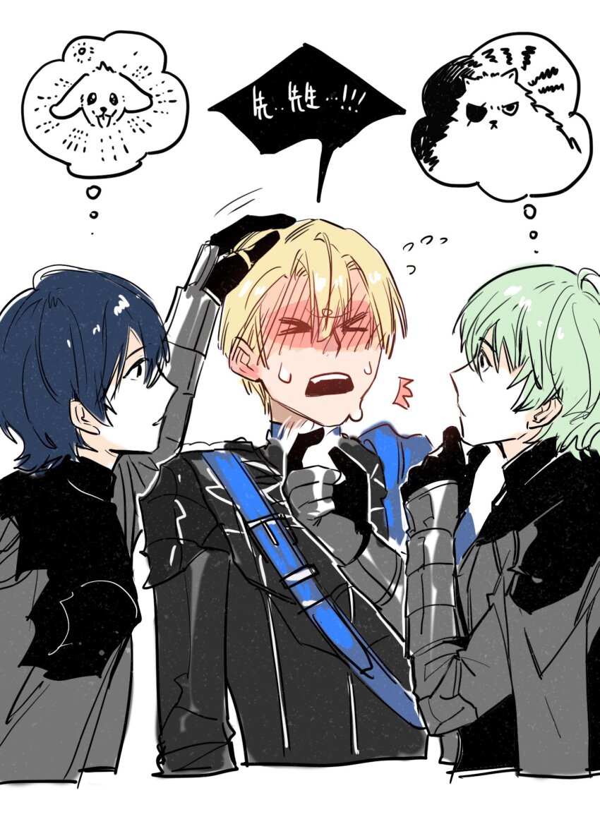 ! !! &gt;_&lt; 2boys animal arm_up armor armored_gloves arms_up belt black_armor black_cape black_gloves black_shirt blonde_hair blue_belt blue_cape blue_hair blush byleth_(fire_emblem) byleth_(male)_(fire_emblem) cape chest_belt closed_eyes closed_mouth commentary cropped_arms cropped_torso dimitri_alexandre_blaiddyd dog emphasis_lines fire_emblem fire_emblem:_three_houses flying_sweatdrops garreg_mach_monastery_uniform gloves green_hair hair_between_eyes hand_on_another&#039;s_chin hand_on_another&#039;s_head hand_on_own_chin highres image_in_thought_bubble looking_at_another multiple_boys nervous_sweating nintendo shirt side_cape simple_background speech_bubble sweat sweatdrop thought_bubble translation_request vgmondo white_background