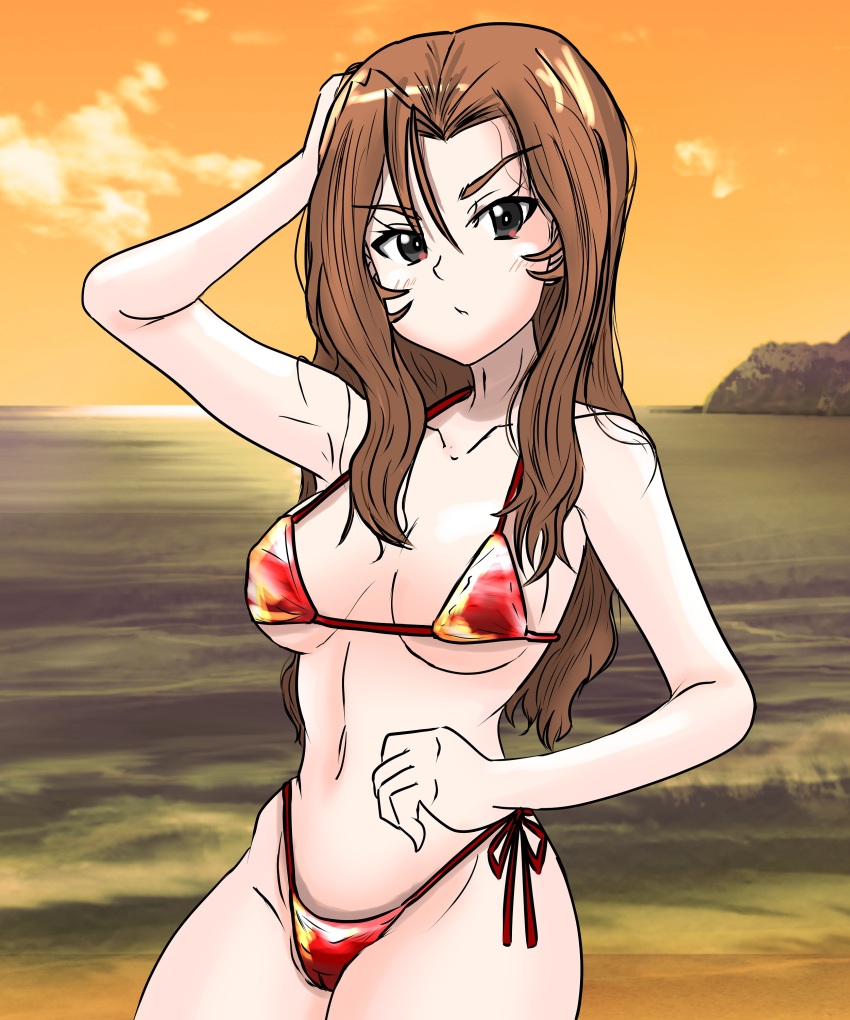 1girl absurdres alternate_costume beach bikini breasts collarbone girls_und_panzer highres long_hair maiko_(girls_und_panzer) moesenyukikaze navel orange_hair red_bikini red_hair string_bikini swimsuit