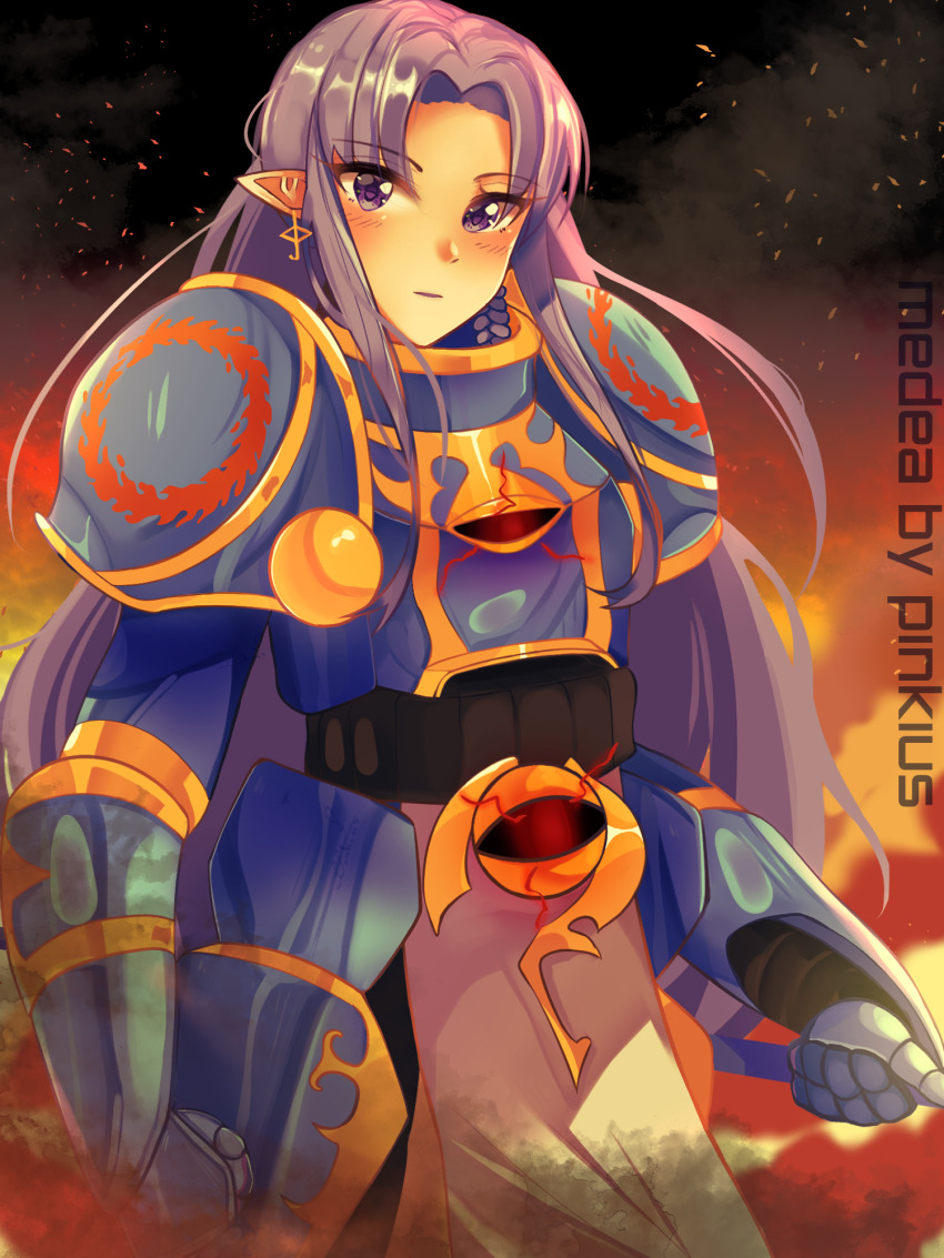 1girl adeptus_astartes armor blue_armor braid chaos_space_marine crossover english_text fate/grand_order fate_(series) fire highres medea_(fate) pinkius pointy_ears purple_eyes purple_hair purple_lips thousand_sons warhammer_40k