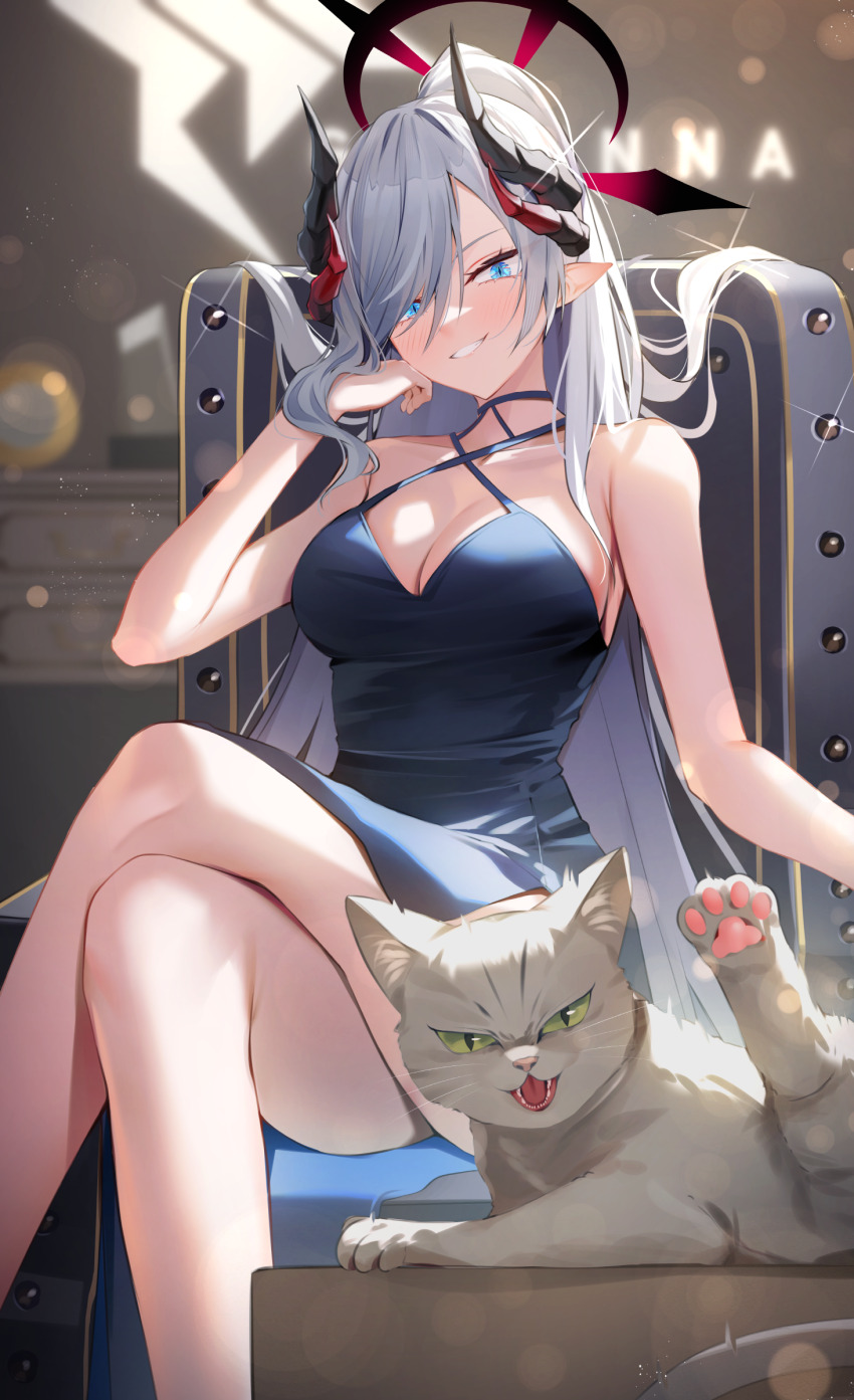 1girl absurdres bare_legs blue_archive blue_dress blush breasts cleavage commentary criss-cross_halter crossed_legs demon_horns dress feet_out_of_frame grey_cat halo halterneck highres horns long_hair looking_at_viewer makoto_(blue_archive) makoto_(dress)_(blue_archive) medium_breasts official_alternate_costume pointy_ears shuvi_(shuvi1125) sitting sleeveless sleeveless_dress smile solo very_long_hair