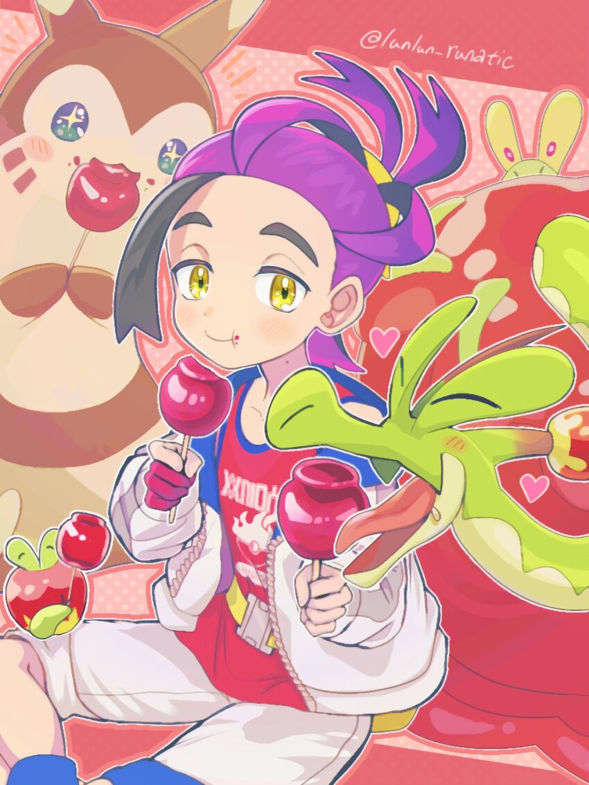 1boy applin black_hair blush candy_apple closed_eyes commentary_request creatures_(company) eating food food_on_face furret game_freak gen_2_pokemon gen_8_pokemon gloves heart highres holding holding_food hydrapple jacket kieran_(pokemon) long_sleeves male_focus mole mole_on_neck multicolored_hair nintendo open_clothes open_jacket open_mouth partially_fingerless_gloves pokemon pokemon_(creature) pokemon_sv purple_hair red_gloves red_tank_top runachikku shorts simple_background single_glove sitting tank_top tongue twitter_username white_jacket yellow_eyes