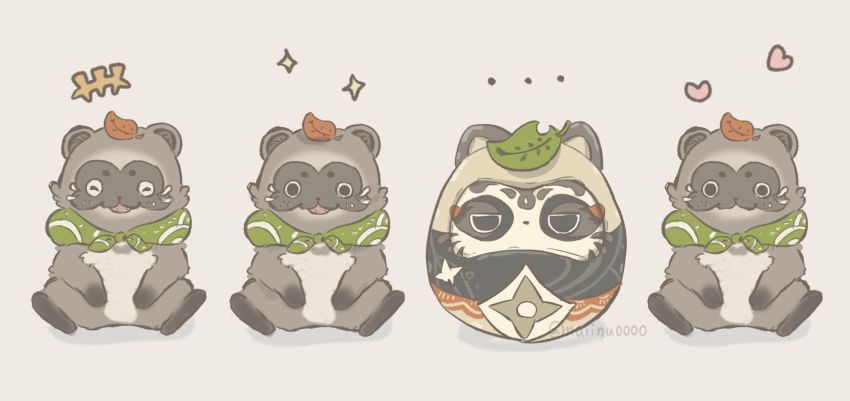 ... commentary_request daruma_doll closed_eyes full_body genshin_impact grey_background heart highres inu_(nuiinu0000) leaf leaf_on_head muji-muji_daruma_(genshin_impact) no_humans sitting sparkle tanuki