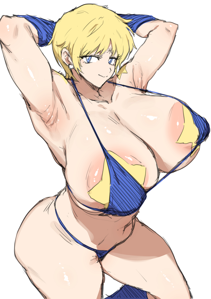 1girl absurdres areola_slip armpits bikini blonde_hair blue_bikini blue_eyes breasts collarbone curvy earrings eyelashes female_focus genderswap highres huge_breasts jewelry kinnikuman looking_at_viewer micro_bikini pasties shiny_skin short_hair solo standing star_(symbol) star_pasties swimsuit terryman thirty_8ght white_background wide_hips