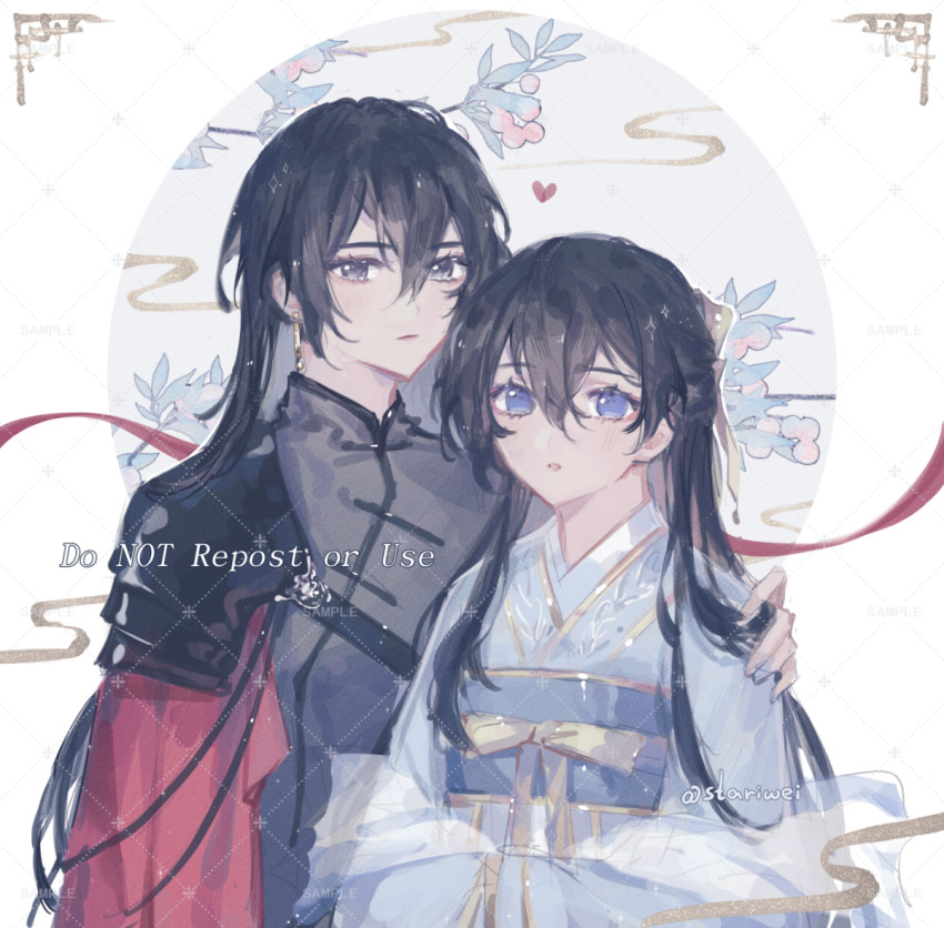 2girls black_eyes black_hair blue_hanfu chinese_clothes commission hand_on_another&#039;s_shoulder hanfu long_hair long_sleeves looking_at_viewer multiple_girls original purple_eyes qixiong_ruqun sash shanghai_neckline stariwei upper_body white_background yuri