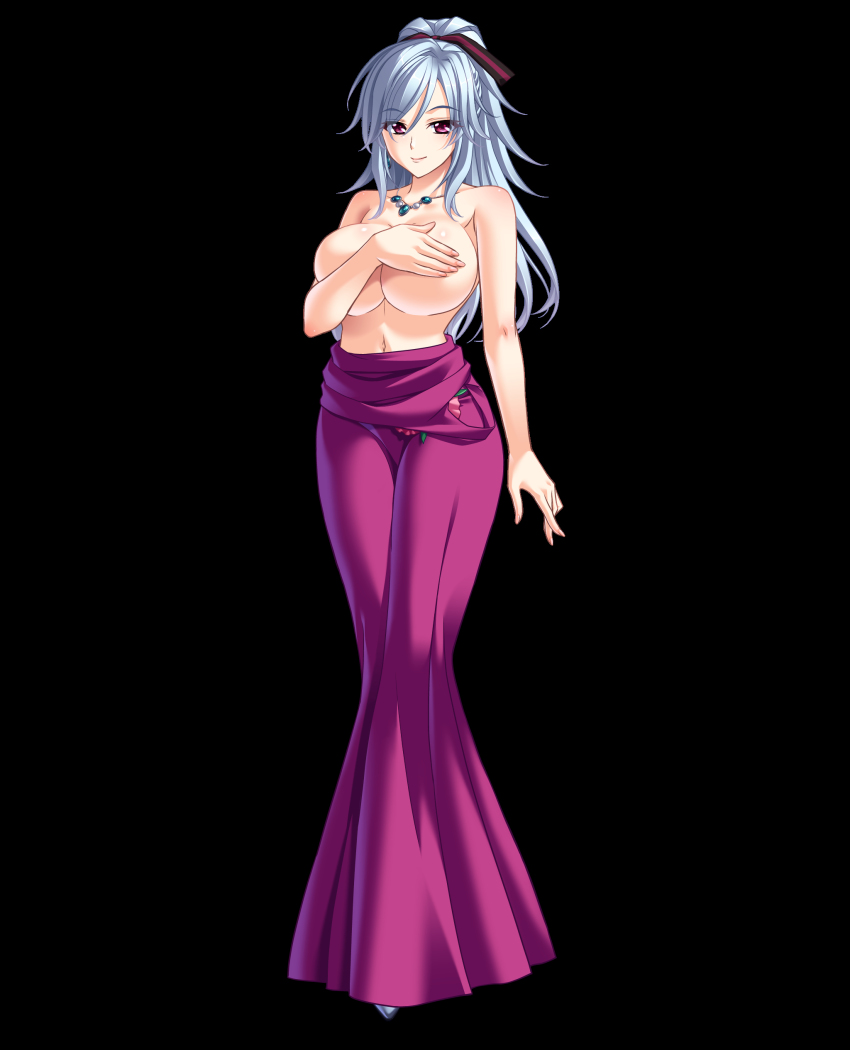 1girl absurdres bishop_(company) black_background blue_hair breasts covering_nipples covering_privates dress female_focus hair_ribbon highres huge_breasts jewelry legs long_hair looking_at_viewer navel necklace no_bra phi pink_eyes ponytail ribbon silicon_magic simple_background smile solo standing thighs topless