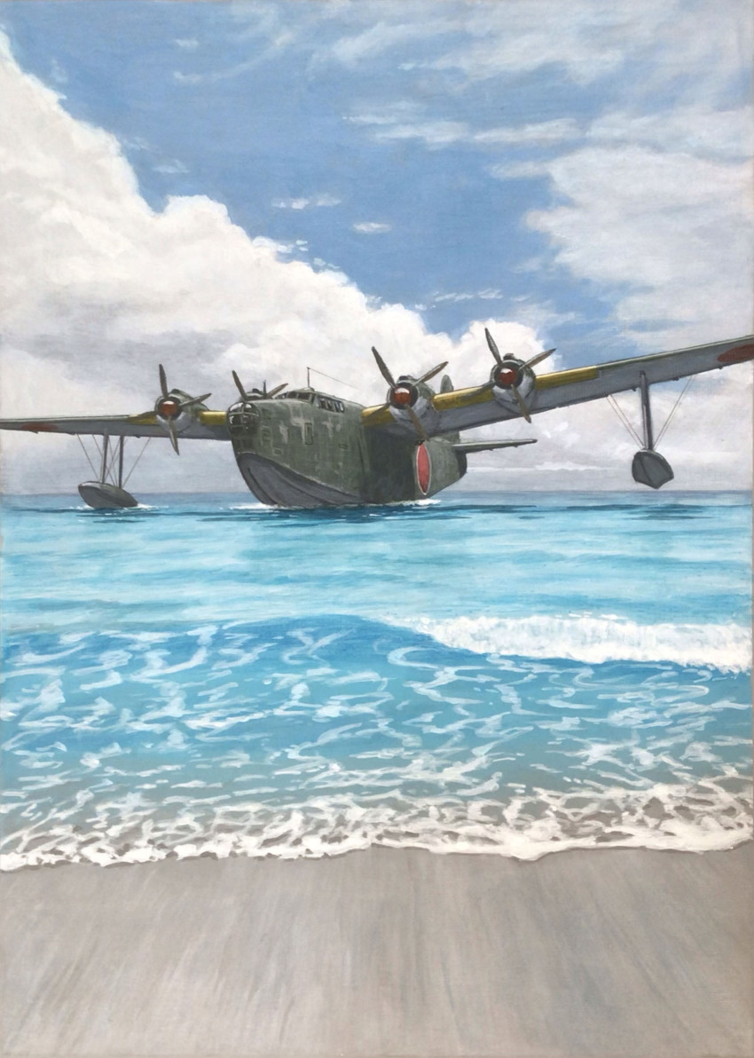 absurdres acrylic_paint_(medium) aircraft airplane atelier_bono beach cloud flying_boat h8k highres imperial_japanese_navy no_humans ocean original painting_(medium) propeller seaplane traditional_media vehicle_focus