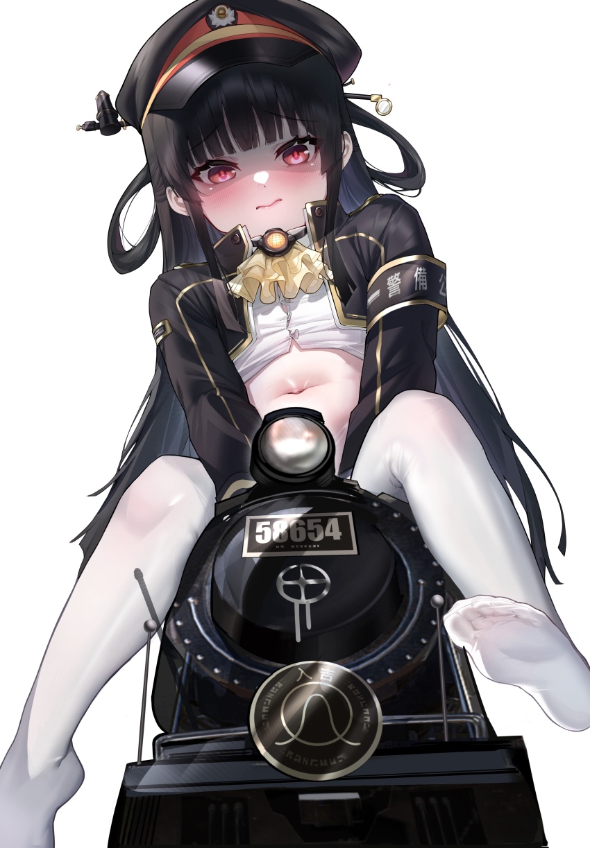 1girl absurdres ascot black_hair black_hat black_jacket blunt_bangs blush bright_pupils chinese_commentary class_8620 closed_mouth clothes_lift commentary_request embarrassed feet foot_out_of_frame from_below hachiroku_(maitetsu) hair_rings hat highres jacket jihua_tong locomotive long_hair looking_at_viewer maitetsu navel no_shoes open_clothes open_jacket pantyhose peaked_cap raised_eyebrows red_eyes shaded_face shirt shirt_lift simple_background sitting soles solo steam_locomotive straight_hair toes tsurime two_side_up v_arms very_long_hair white_background white_pantyhose white_shirt yellow_ascot