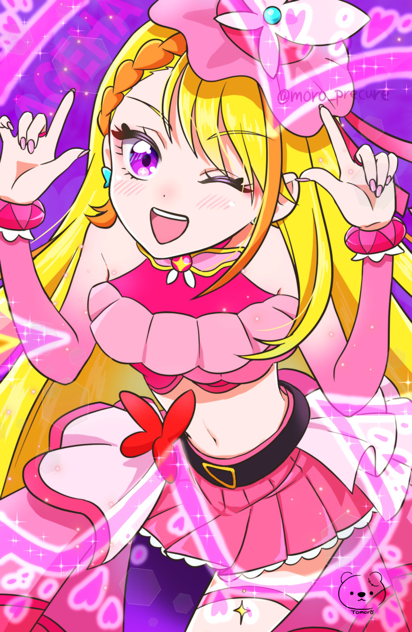 1girl artist_logo artist_name belt black_belt blonde_hair blush braid braided_bangs crop_top cure_butterfly earrings hat highres hijiri_ageha hirogaru_sky!_precure jewelry logo long_hair magical_girl midriff moro_precure multicolored_hair nail_polish navel one_eye_closed open_mouth pink_eyes pink_hat pink_shirt pink_skirt precure purple_thighhighs shirt single_thighhigh skirt smile solo thighhighs twitter_username two-tone_hair wrist_cuffs