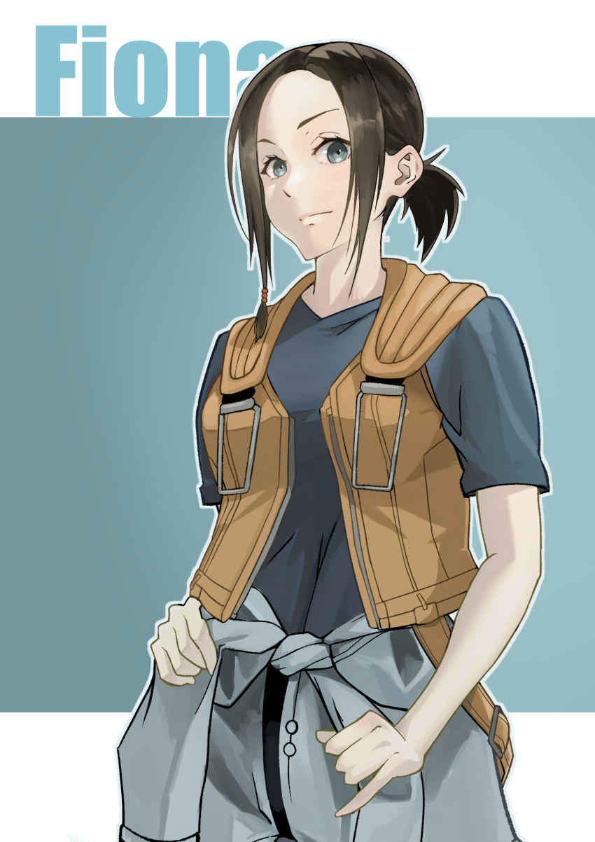 1girl absurdres ace_combat ace_combat_3 black_shirt brown_hair character_name commentary_request echo-kilo fiona_chris_fitzgerald green_background green_eyes highres jacket life_vest ponytail shirt short_ponytail short_sleeves sidelocks simple_background smile solo t-shirt tied_jacket