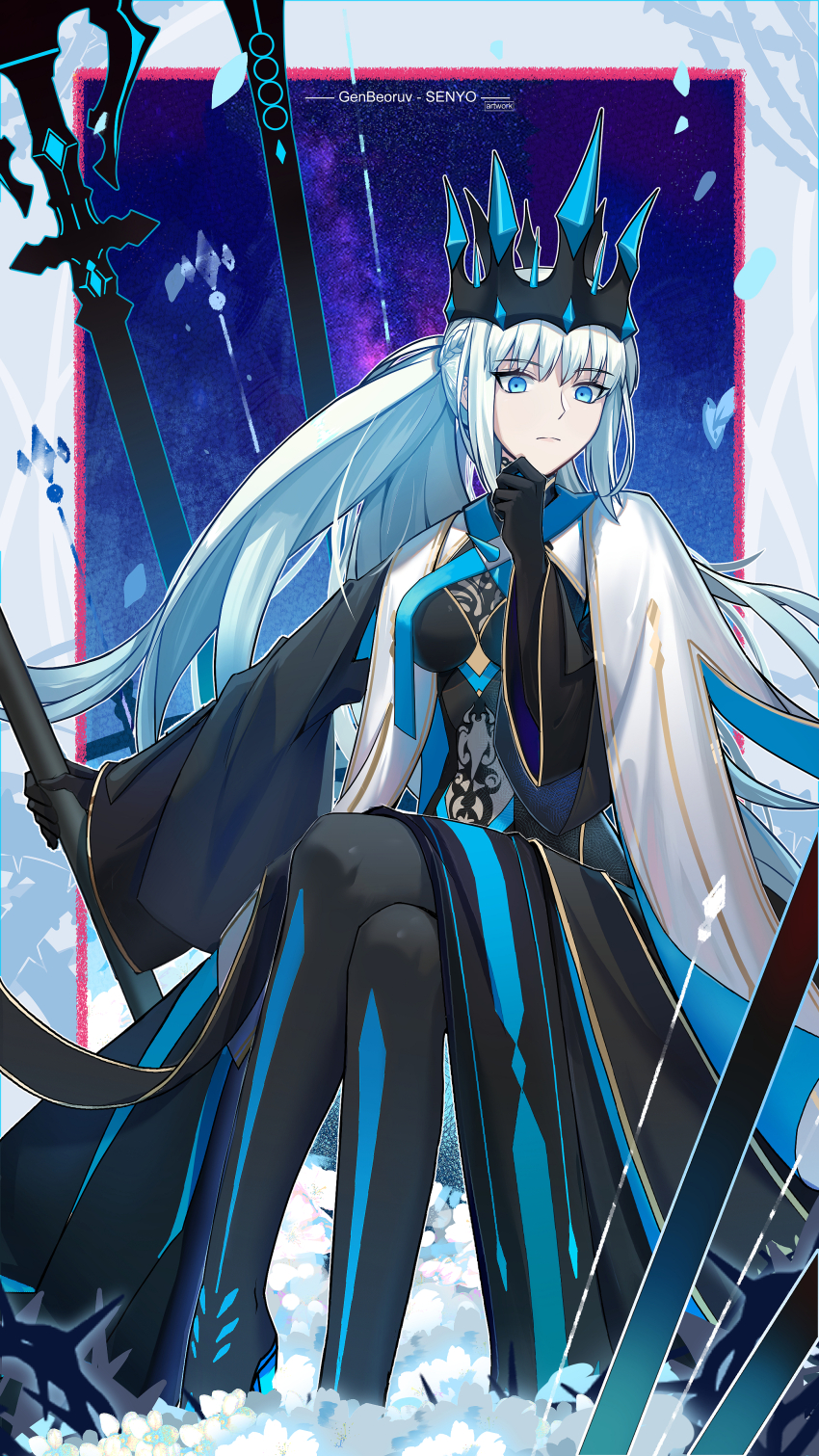 1girl absurdres artist_name black_dress black_gloves black_pantyhose blue_eyes braid breasts closed_mouth commentary crossed_legs crown dress elbow_gloves english_commentary fate/grand_order fate_(series) floating_hair flower gloves hand_on_own_chin highres holding holding_staff invisible_chair long_hair looking_at_viewer medium_breasts morgan_le_fay_(fate) pale_skin pantyhose ponytail sitting solo spikes staff very_long_hair white_flower white_hair wide_sleeves z_senyo