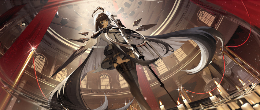 1girl absurdly_long_hair absurdres antenna_hair architecture arknights ascot belt belt_buckle belt_pouch black_ascot black_belt black_bustier black_eyes black_garter_straps black_gloves black_hair black_halo black_pouch black_skirt black_thighhighs black_wings blunt_bangs bow_(music) breasts bright_pupils broken_halo buckle bustier buttons candle candle_wax candlelight cello chinese_commentary closed_mouth colored_inner_hair column commentary_request curtains dark_halo day detached_wings dot_nose dress_shirt dutch_angle energy_wings feet_out_of_frame fence film_grain fire floating_hair floor from_below from_side garter_straps glint gloves grey_hair grey_shirt halo hands_up highres hime_cut holding holding_bow_(music) holding_instrument holding_violin indoors instrument jacket layered_sleeves light_particles light_smile long_hair long_sleeves looking_afar looking_ahead miniskirt mole mole_under_eye motion_blur multicolored_hair music pillar playing_instrument pleated_skirt pouch red_curtains reflection reflective_floor reflective_surface shade shirt short-sleeved_jacket short_over_long_sleeves short_sleeves sidelocks skirt sky solo spotlight stage standing statue straight_hair thighhighs two-tone_hair very_long_hair violin virtuosa_(arknights) wax white_jacket white_pupils window wings xhongxi yellow_sky zettai_ryouiki