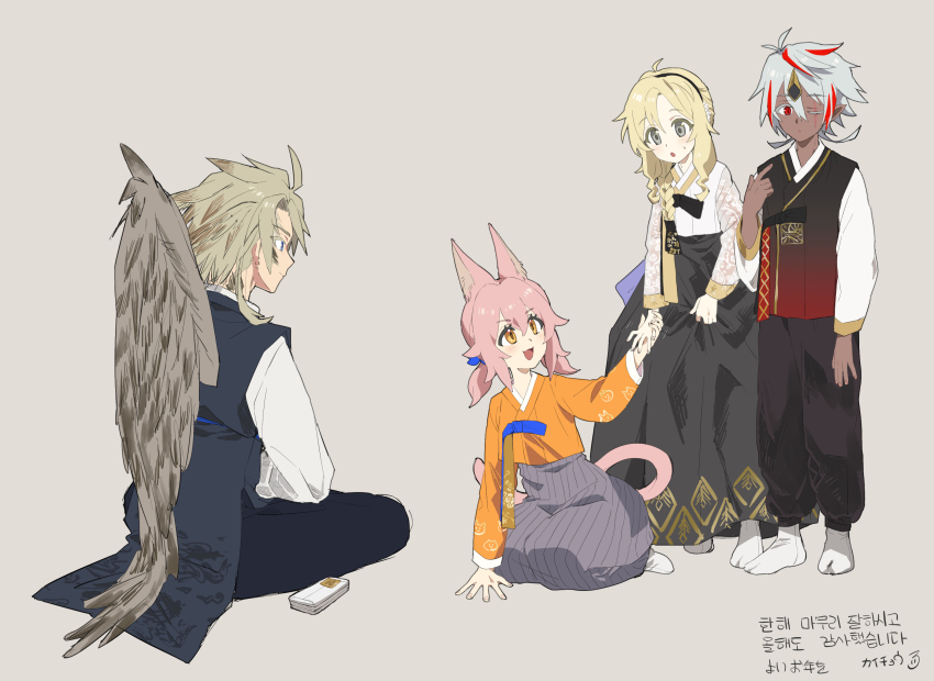 2024 2boys 2girls albaz_(yu-gi-oh!) alternate_costume animal_ears blonde_hair braid brown_hair duel_monster ecclesia_(yu-gi-oh!) fallen_of_albaz ferret_ears ferret_girl hair_ornament hanbok highres incredible_ecclesia_the_virtuous kaichou_(homehome_h) kitt_(yu-gi-oh!) korean_clothes korean_text long_hair long_sleeves multicolored_hair multiple_boys multiple_girls new_year open_mouth orange_eyes pink_hair red_eyes red_hair short_hair simple_background single_wing smile tri-brigade_kitt tri-brigade_shuraig_the_ominous_omen white_hair wings yu-gi-oh!