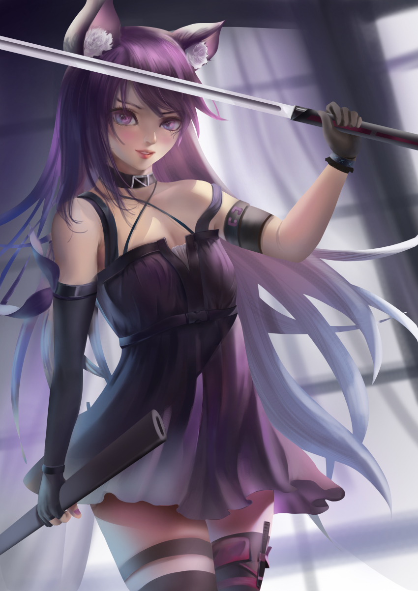 1girl absurdres animal_ear_fluff animal_ears arknights black_gloves cat_ears cat_girl cat_tail gloves hair_between_eyes highres holding linhyu long_hair looking_at_viewer melantha_(arknights) open_clothes purple_eyes purple_hair shirt simple_background solo tail