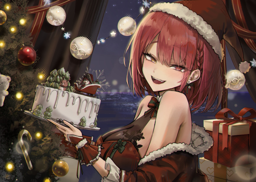 1girl :d bare_shoulders blush box breasts cake christmas_tree cleavage commentary earrings english_commentary food fur-trimmed_jacket fur_trim gift gift_box hat heterochromia highres hololive houshou_marine jacket jewelry large_breasts looking_at_viewer medium_hair merumeko off_shoulder open_mouth red_eyes santa_hat smile solo teeth virtual_youtuber yellow_eyes