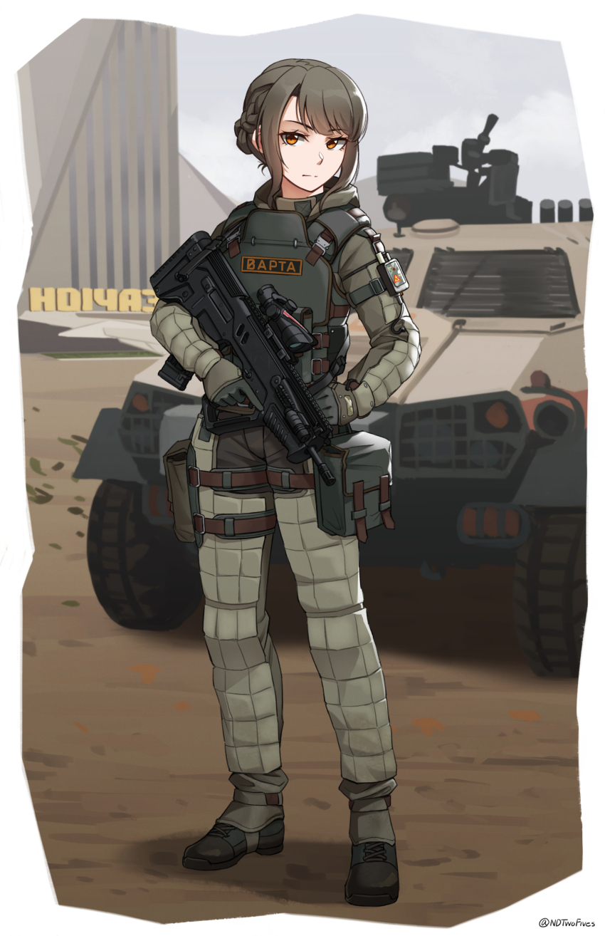 1girl absurdres assault_rifle brown_eyes brown_hair bulletproof_vest bullpup commentary gloves gun highres iwi_tavor long_hair military ndtwofives original rifle stalker_(game) weapon