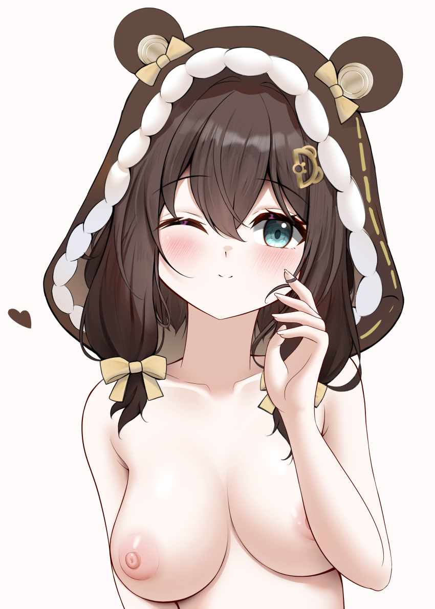 1girl ;) absurdres animal_ears bear_ears bear_girl blue_eyes blush brown_hair brown_hood dot_nose hair_ornament hair_tie heart highres hood knosdeba large_variant_set nipples nude one_eye_closed smile strinova variant_set yvette_(strinova)