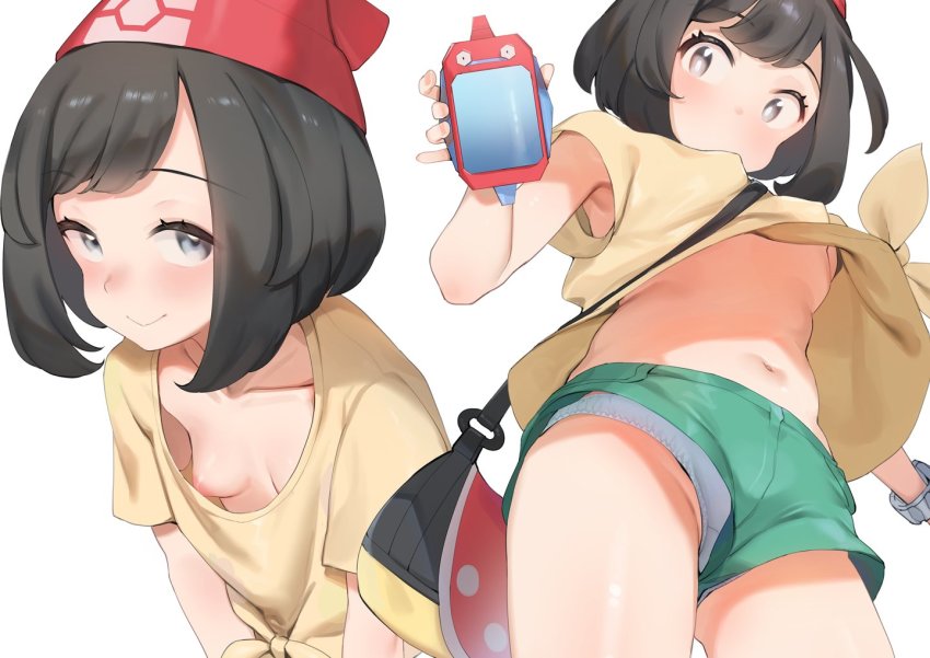 1girl armpits bag beanie black_eyes black_hair blush breasts collarbone commentary_request creatures_(company) djheycha downblouse game_freak gen_1_pokemon green_shorts hat holding leaning_forward looking_at_viewer medium_hair navel nintendo nipples no_bra panties pokemon pokemon_(creature) pokemon_masters_ex pokemon_sm porygon poryphone red_headwear selene_(pokemon) shirt short_shorts short_sleeves shorts shoulder_bag simple_background small_breasts smile thighs tied_shirt underboob underwear upshirt upshorts white_background white_panties yellow_shirt z-ring