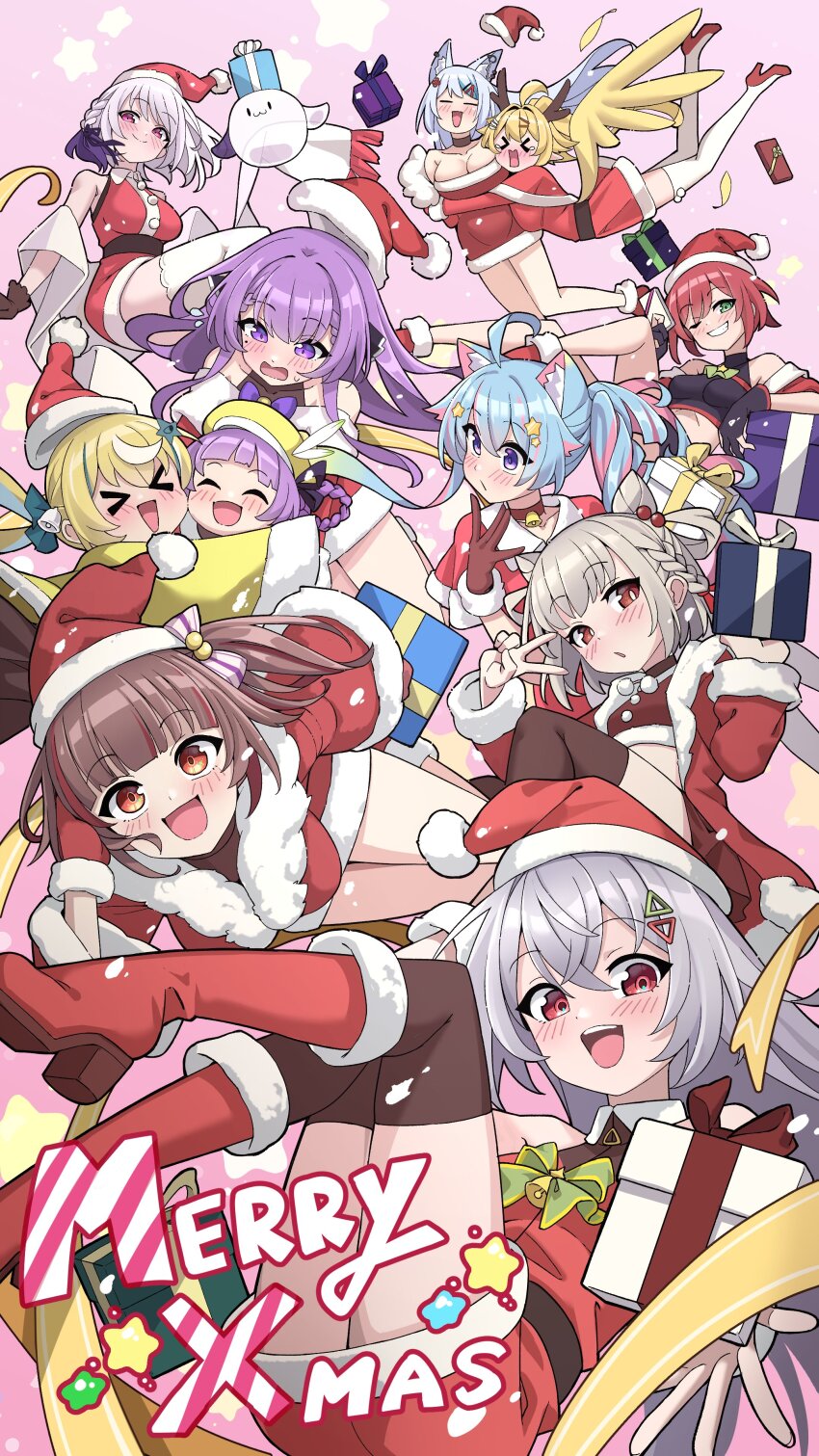 6+girls absurdres animal_ears aogiri_koukou blue_eyes chi_lee christmas earendel_(jishenkong_jihua) fox_ears hair_ornament hat hibiki_(vtuber) highres indie_virtual_youtuber ishikari_akari jishenkong_jihua kannagi_tenri lanmewko long_hair looking_at_viewer meridian_project mizuki_(vtuber) multiple_girls otsuka_ray purple_eyes purple_hair santa_hat shinengumi shiratama_utano suzukaze_shitora virtual_youtuber yoshika_(vtuber)