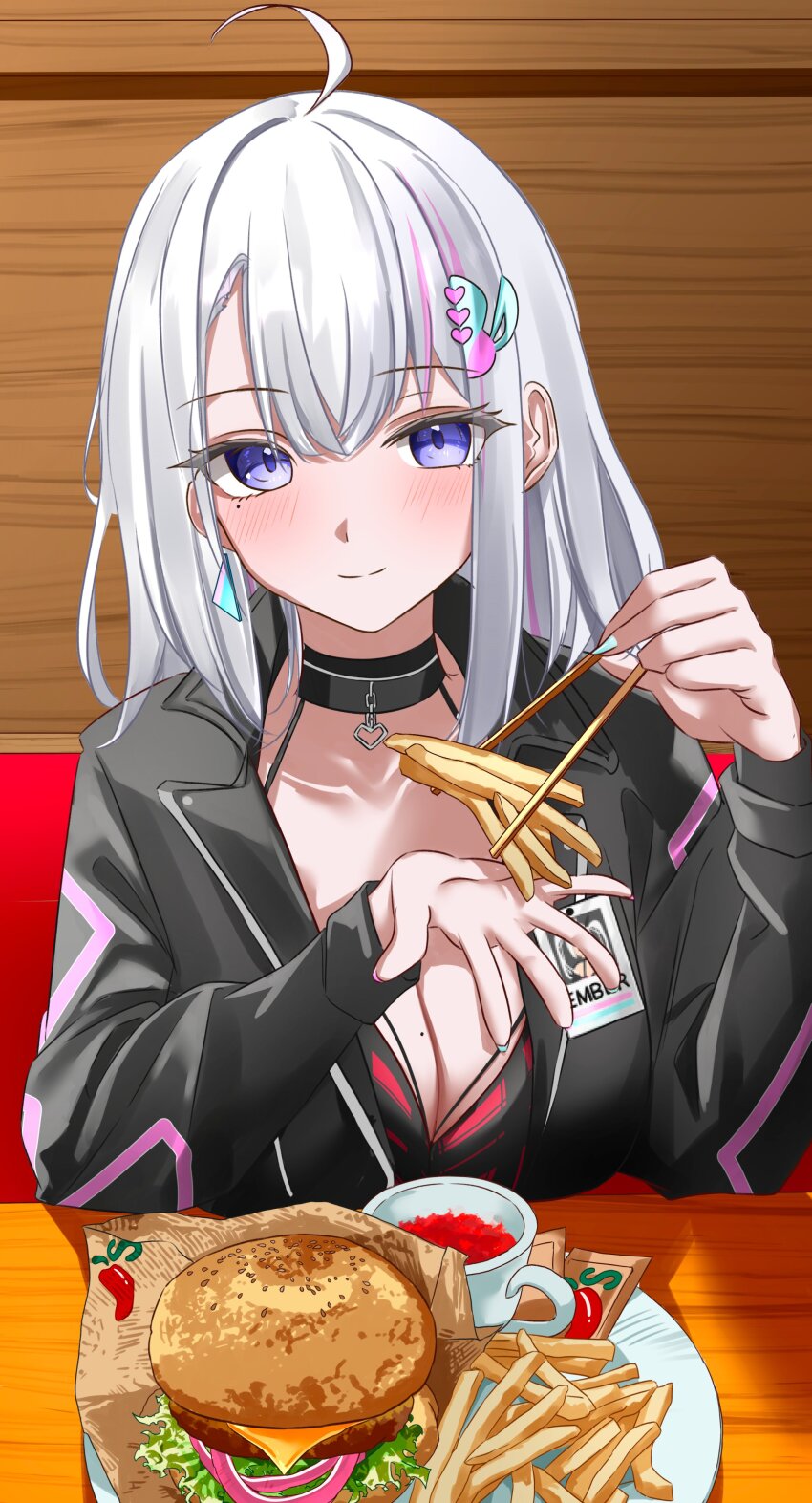 1girl absurdres ahoge black_collar black_jacket blue_nails bra breasts burger cleavage closed_mouth collar earrings ember_amane ember_amane_(1st_costume) food french_fries grey_hair hair_ornament highres id_card jacket jewelry long_hair looking_at_viewer mole mole_on_breast mole_under_eye multicolored_hair multiple_moles phase_connect pink_hair pink_nails plaid_bra plaid_clothes plate purple_eyes red_bra second-party_source solo streaked_hair two-tone_nails underwear vayneeeee virtual_youtuber